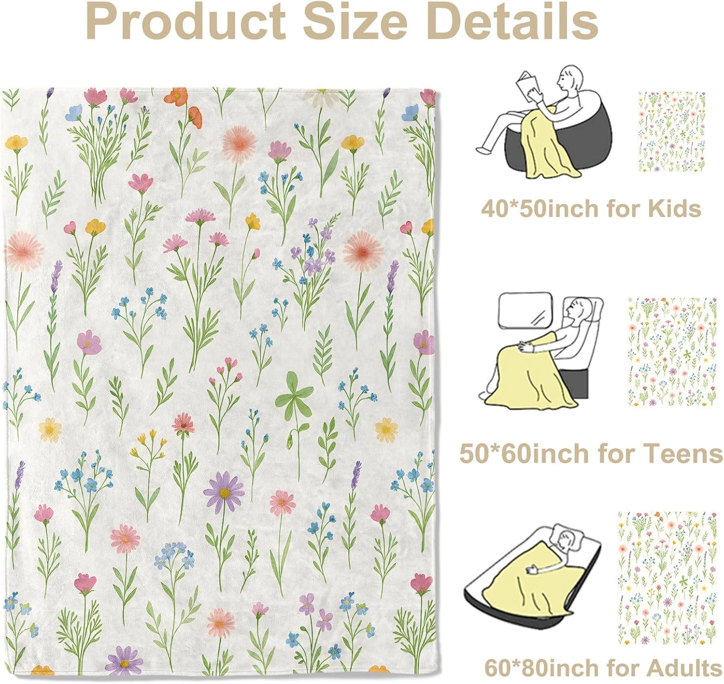 Colorful Wildflower Floral Throw Blanket, Lightweight Warm Watercolor Botanical Flannel Blanket, Flower Home Decor and Gifts, Soft Cozy Blankets for Women Mom Girls, 50"x60" for Bed Couch Travel