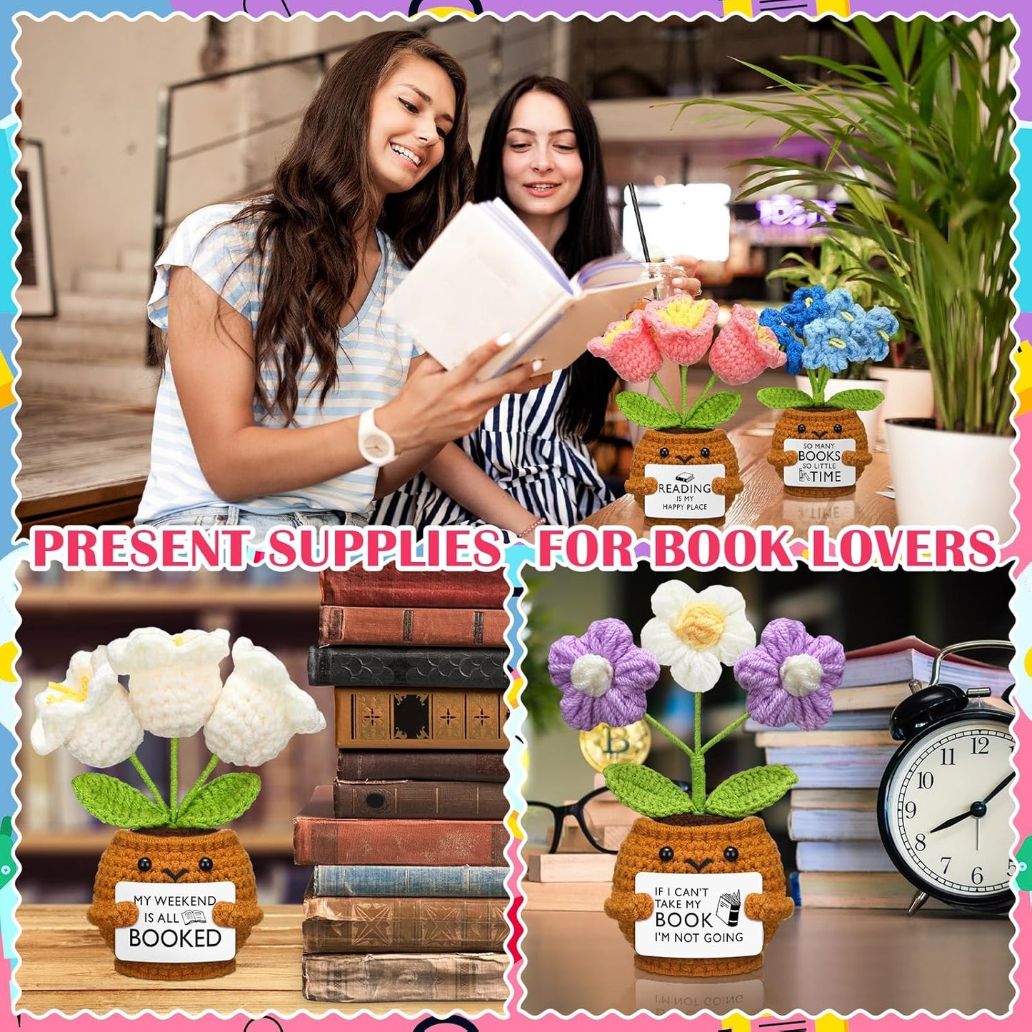 Wavwavw 6 Pcs Book Club Gift Book Lover Gift Bulk Crochet Flower Handmade for Bookish Bookshelf Deck Decor Librarian(Flower)