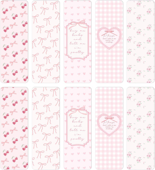 TwoDays Pink Coquette Bookmarks for Women, Cute Bow Bookish Gifts for Book Lovers Booktok, Fancy Book Accessories, Book Club Favors (Set of 10, 6'' x 2'')