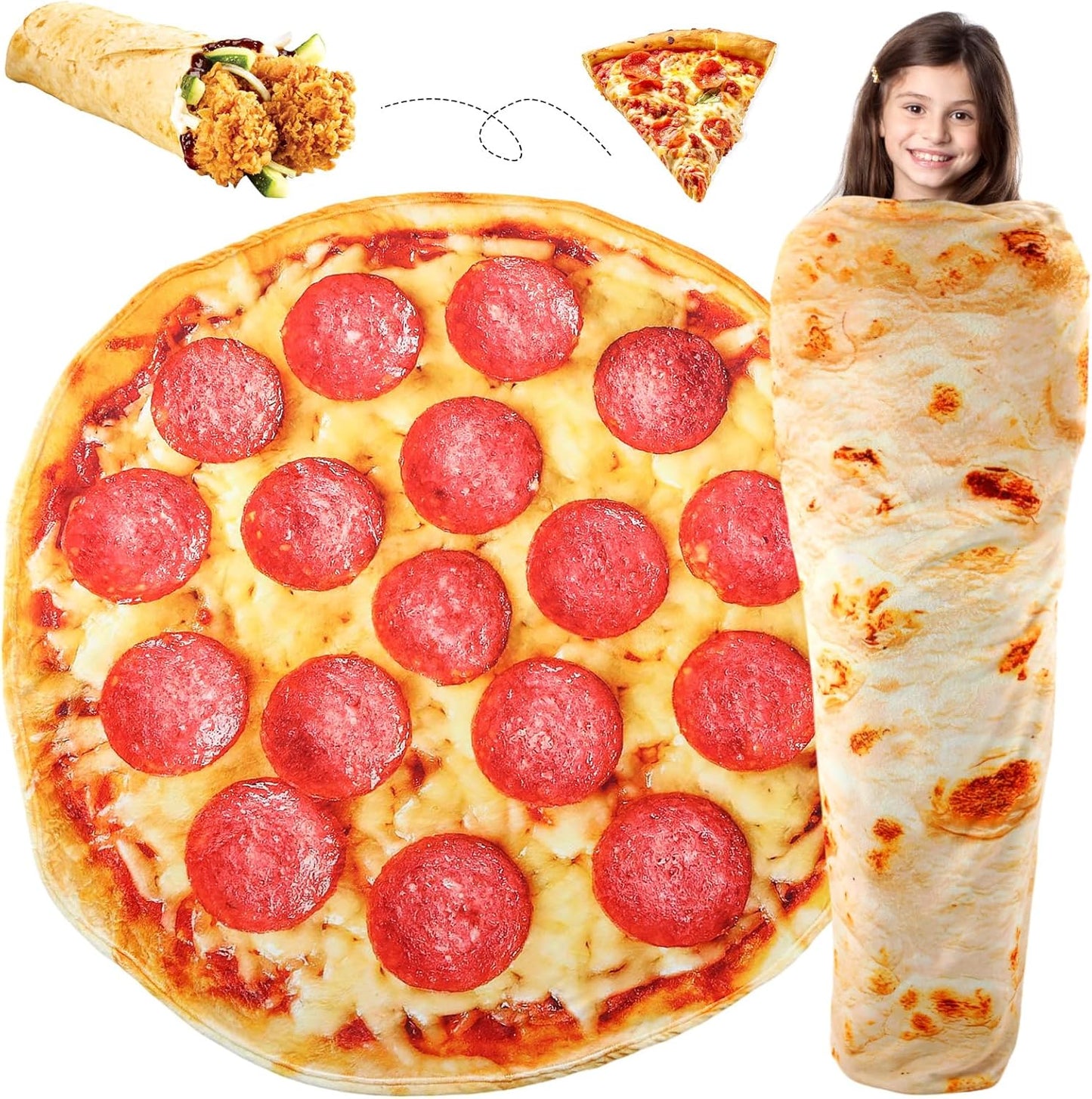 2 Pcs Burritos Pizza Blankets White Elephant Funny Gifts 1 Tortilla Blanket 1 Pizza Throw Blanket 230 GSM Realistic Novelty Flannel Round Sausage Blankets for Adult(71 Inches)