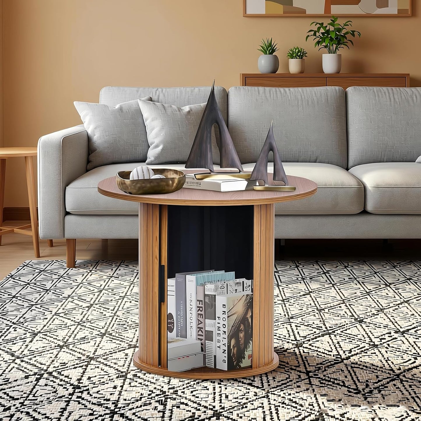 Modern Walnut End Table with Storage - Fluted Design Living Room Accent Table, Tall Bedside Nightstand & Sofa Side Table for Small Spaces, Dark Wood Finish (23.6" Wide, Natural)