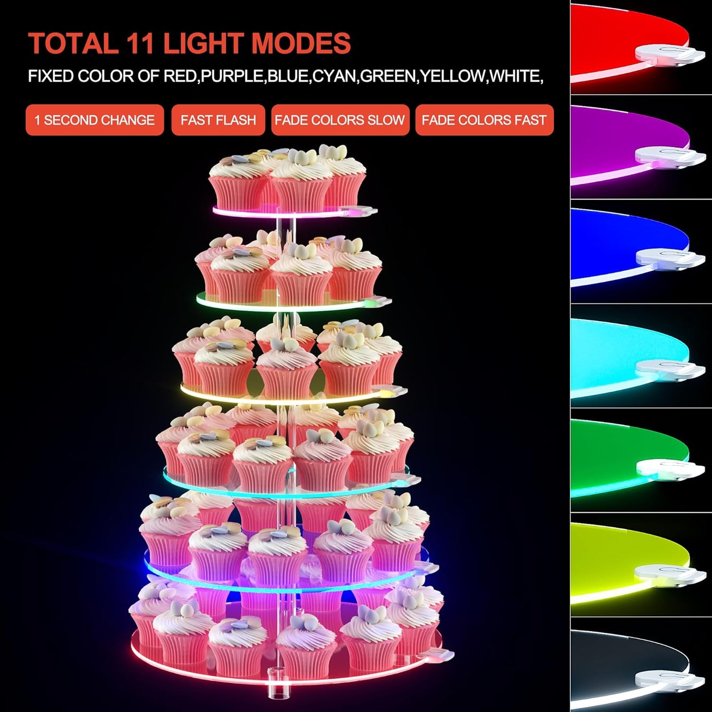 Cupcake Stand - 6 Tier Round Cupcake Tower with Rechargeable LED Light - Cupcake Holder for 60 Cupcakes - Cup Cake Stand with light - Clear Acrylic Dessert Display Stand for Weddings, Birthdays