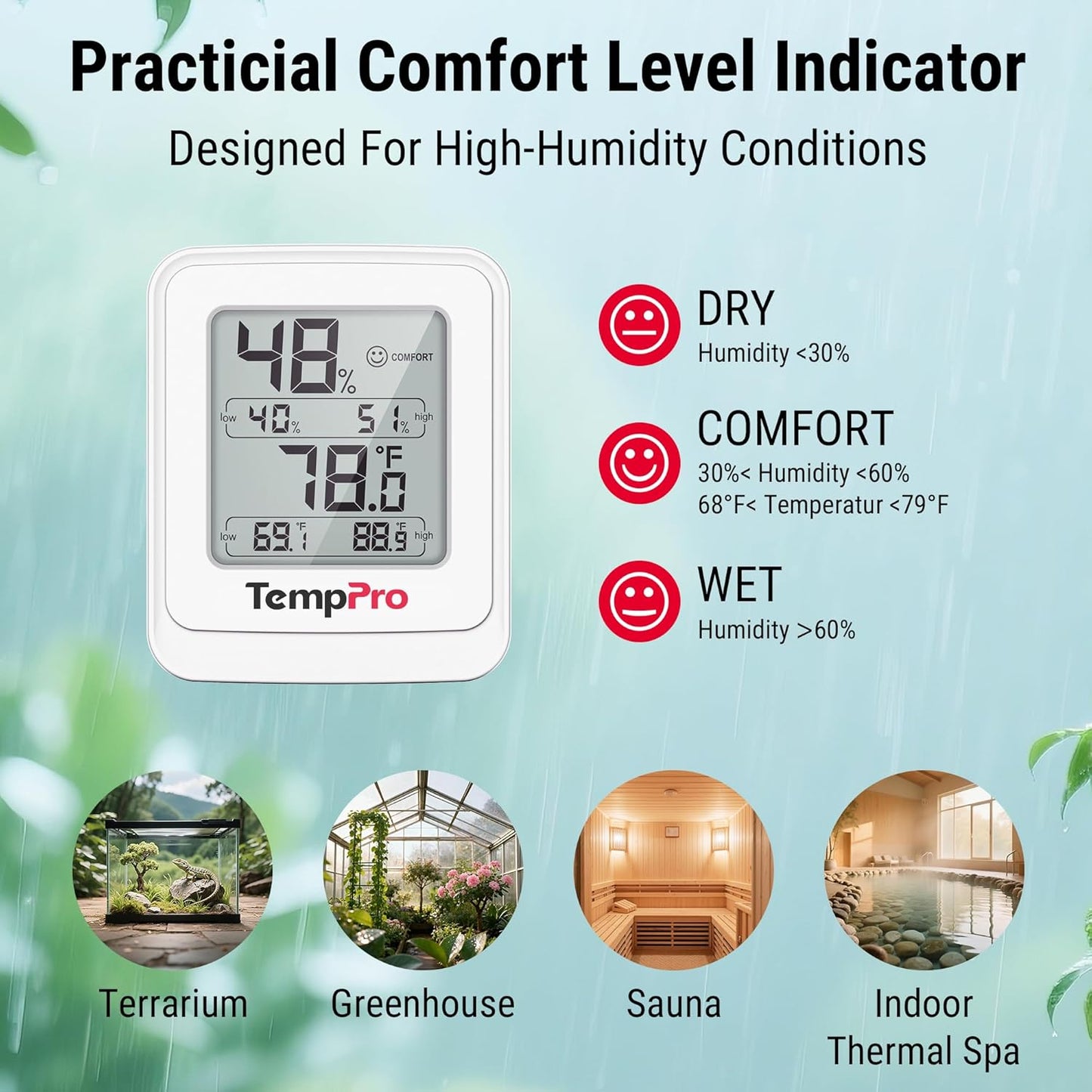 TempPro TP150 Greenhouse Thermometer Hygrometer, IPX5 High-Humidity Resistant Temperature and Humidity Monitor, High/Low Records Humidity Meter for Indoor Grow Tents, Reptile(Previously ThermoPro)