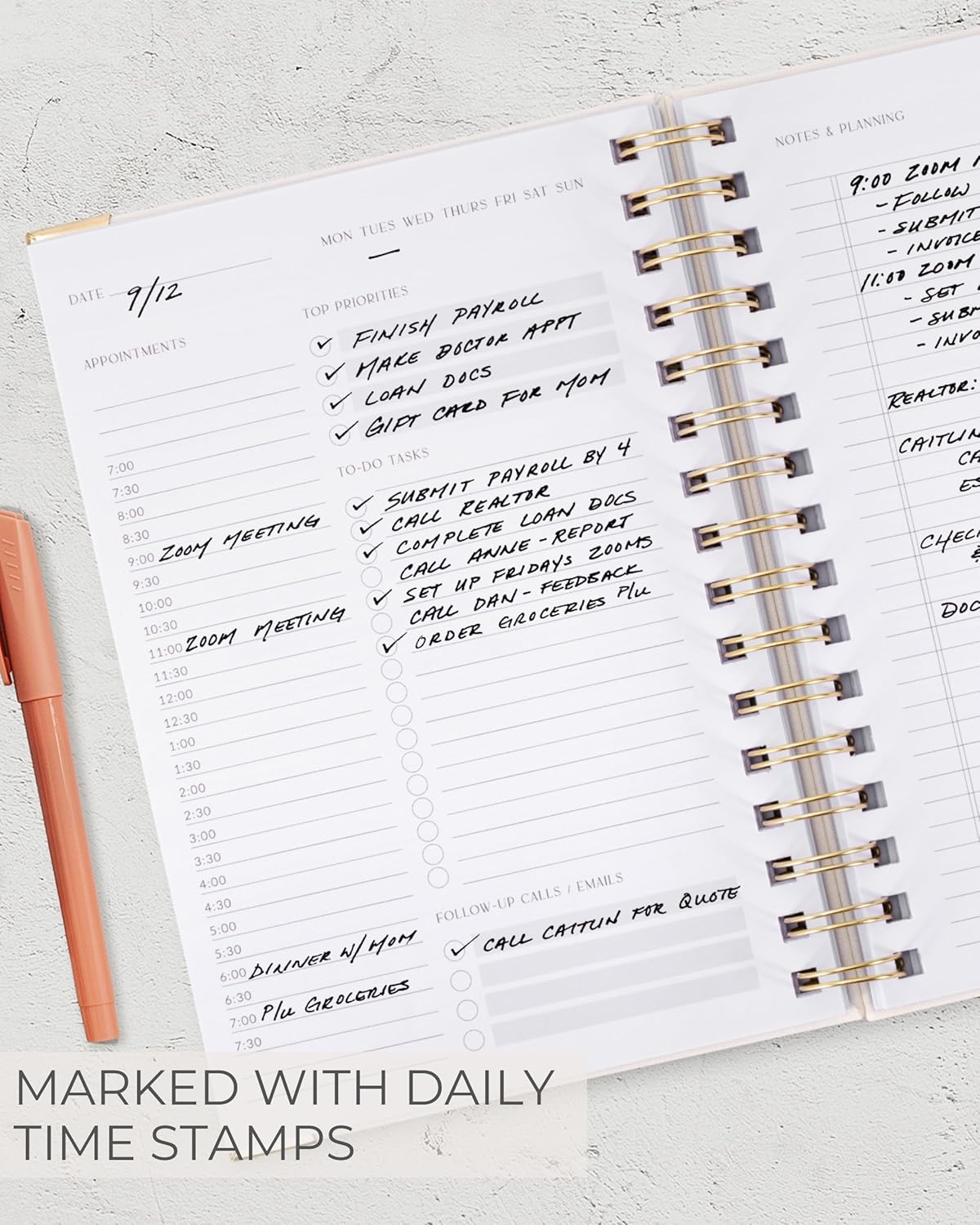 ZICOTO Aesthetic Daily Planner And Notebook With Hourly Schedule - Beautiful Spiral To do List Notepad For Work/Home to Organize Tasks And Appointments - Stylish School/Office Supplies Book For Women