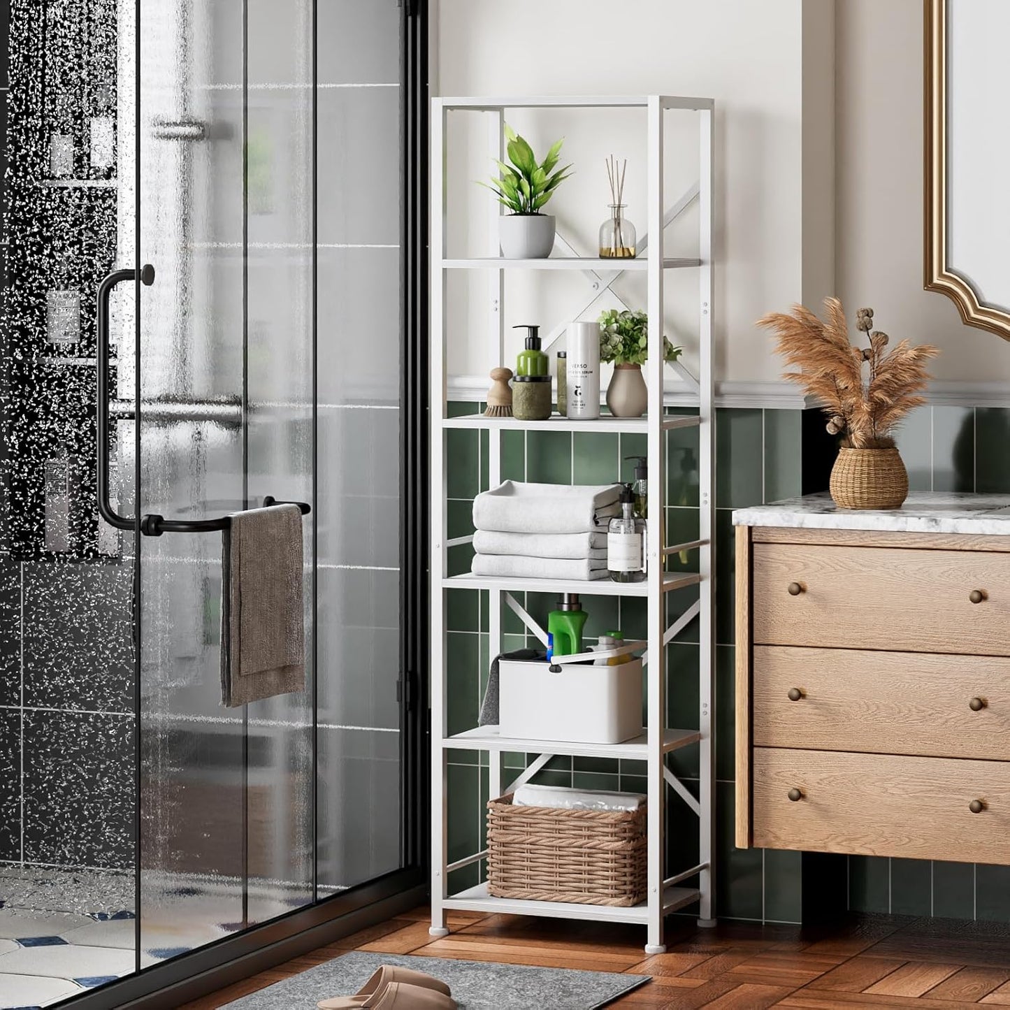 Furologee White Tall Bookshelf, Narrow Bookcase with 6 Shelves, Modern Freestanding Shelf Units, Metal and Wood Display Storage Corner Rack Organizer for Living Room, Home Office, Hallway, Bathroom