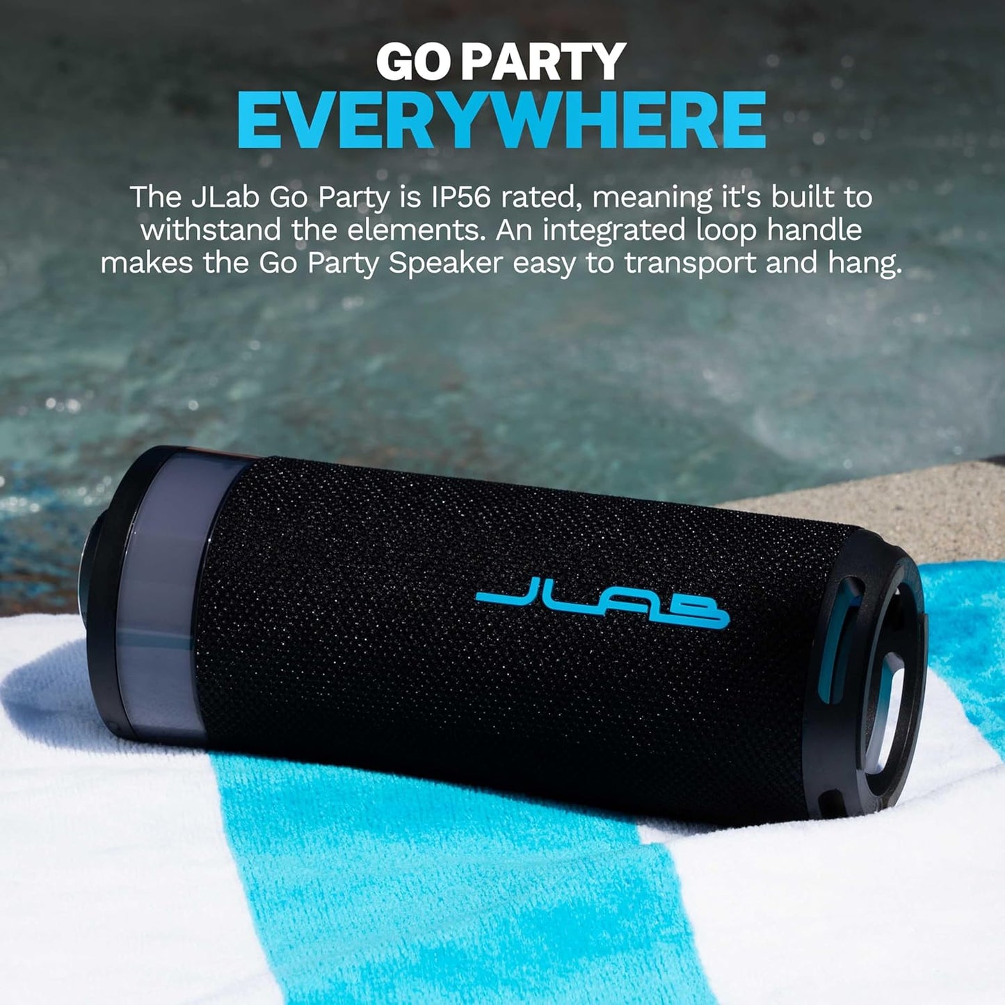JLab Go Party Portable Bluetooth Speaker, Midnight Black, 10 Watts of Power, 16+ Hours of Playtime, IP56 Waterproofing, Customizable RGB LED Lighting, Lab Sync Up to 100 Speakers, Custom Sound in-App