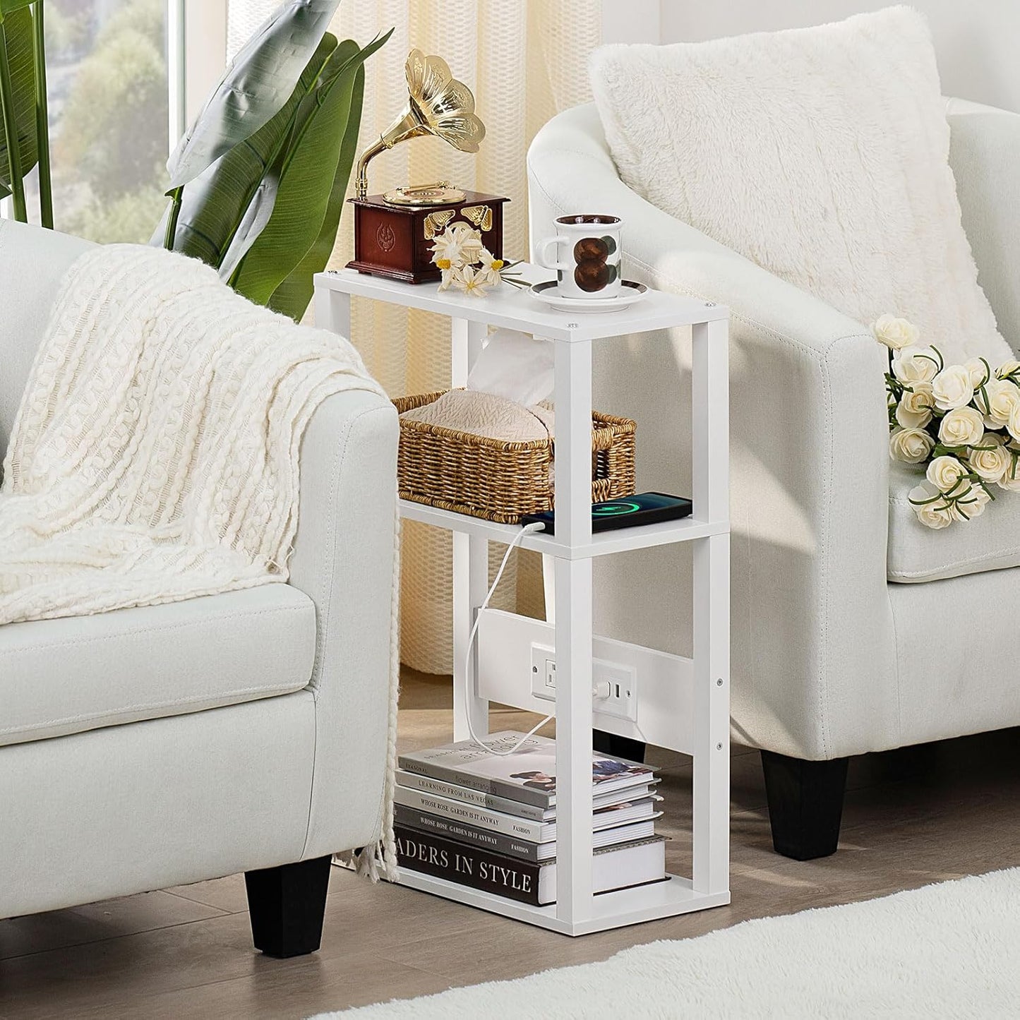 3-Tier Small Narrow Wood Side Table with Charging Station, Skinny Nightstand for Small Space, Slim Bedside Table with Storage for Couch, Thin End Table with USB Ports and Outlets, White