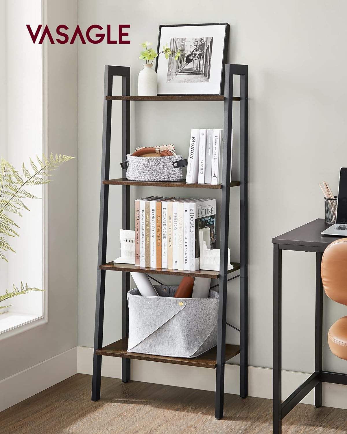 VASAGLE Ladder Shelf, 4-Tier Bookshelf, Storage Rack, Bookcase with Steel Frame, for Living Room, Home Office, Kitchen, Bedroom, Industrial Style, Hickory Brown and Ink Black ULLS44BF