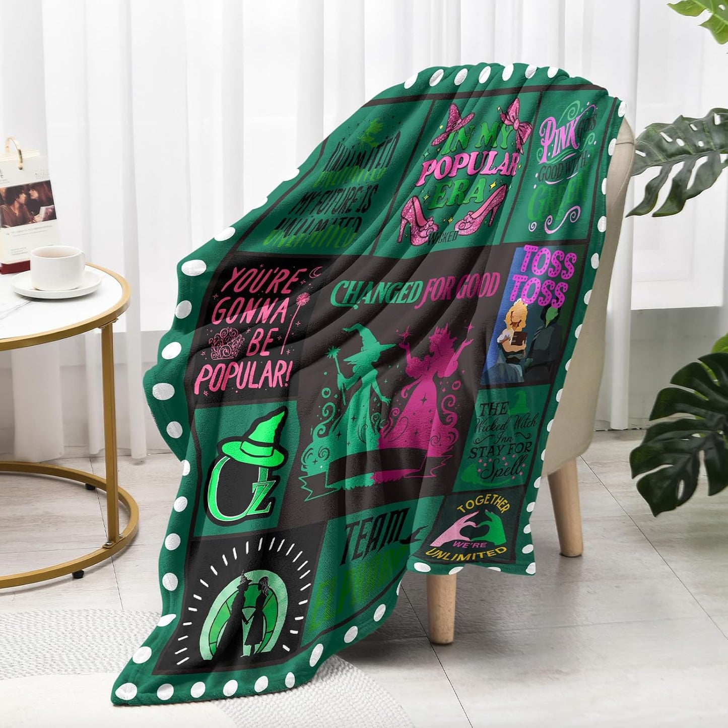 50'' x 40'' Witch Green Vintage Flannel Blanket, Evil Gift Queen Throw Broom, Elphaba Hat Glinda Magic Movie Land Blanket, All Seasons Warm Cozy Soft Blanket for Sofa Bed Halloween Women Girls Fans 1