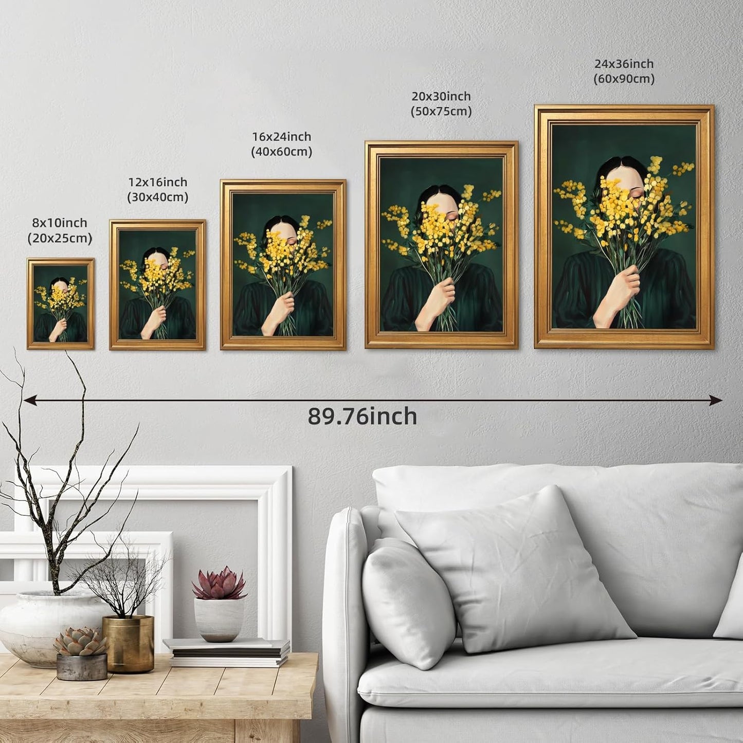 Large Framed Woman Portrait Canvas Wall Art Vintage Dark Moody Goldenrod Floral Feminist Painting Poster Victoria Female Yellow Flower Nature Emerald Green Artwok Prints Home Decor 24x36inch