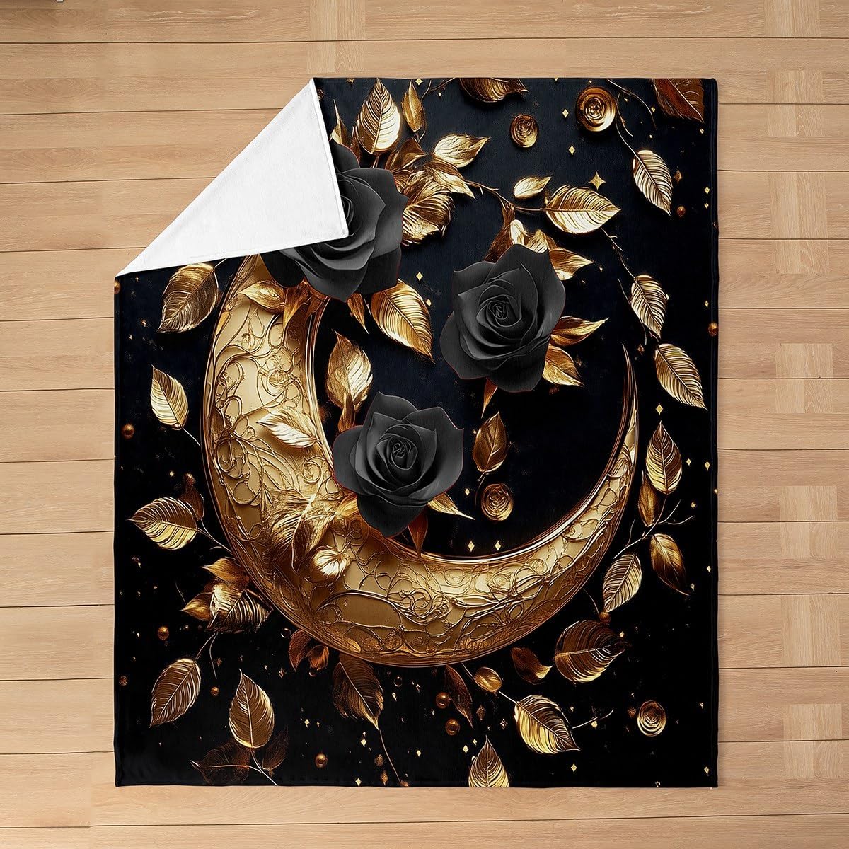 Erosebridal Rose Floral Blanket 40x50,Vintage Crescent Moon Throw Blanket for Girls Women,Elegant Baroque Victorian Fuzzy Blanket,Gold Leaves Flowers Flannel Blanket,Golden Black,Luxury Soft