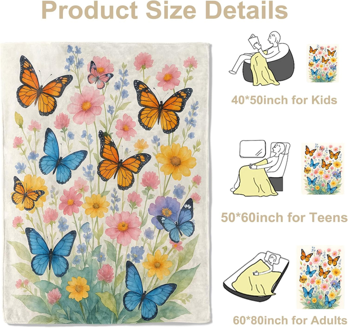 Colorful Butterfly Garden Throw Blanket, Lightweight Warm Flannel Blankets, Home Decor and Gifts, Soft Cozy Throws for Women Girls Kids, 50"X60" for Bed Couch Travel Office