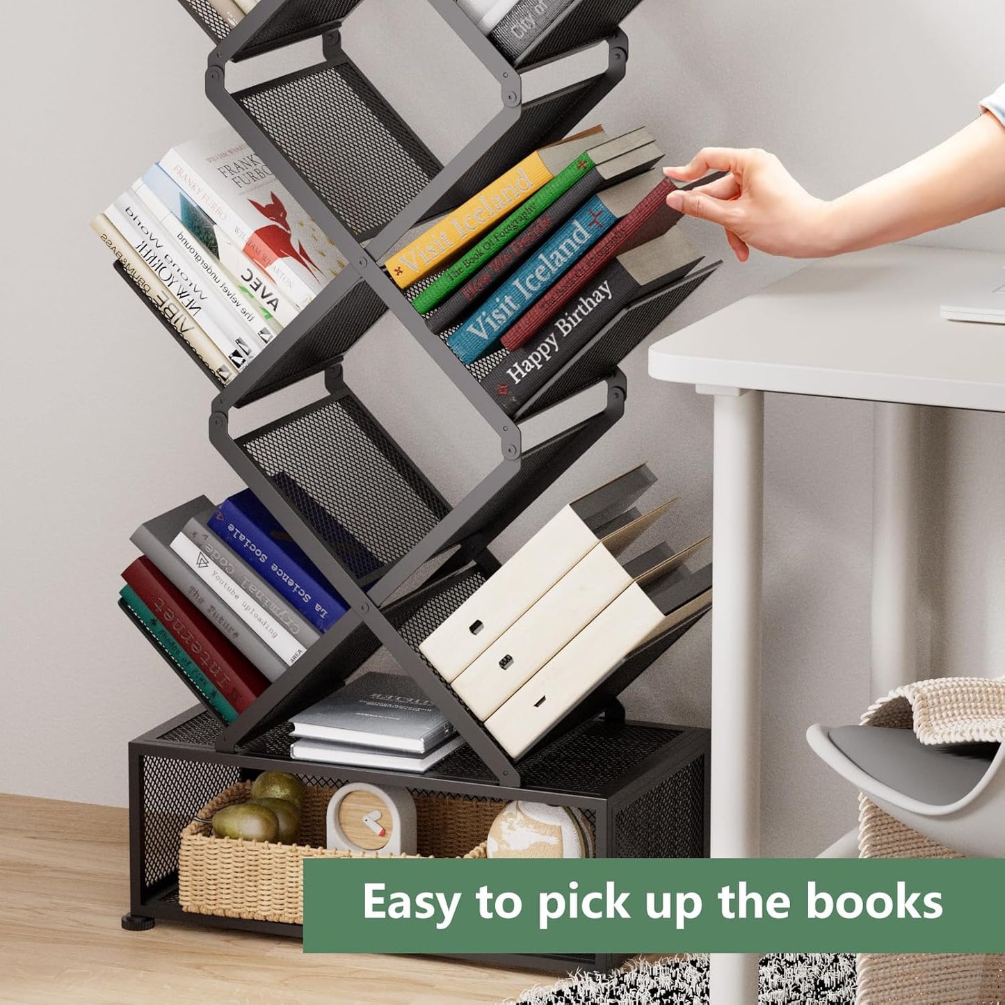 Gintan 9-Tier Space Saving Book Shelf with Storage,Bedroom Shelves Folding Bookshelves,No Installation Required Shelf Tree Metal Bookshelf for Living Room,Study,Home Office,Bed Room (Black)