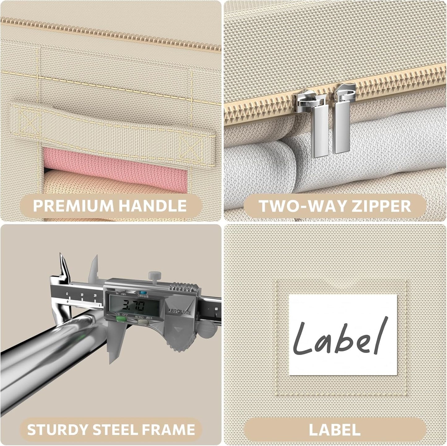 CYhom 3Pack Frame Storage Box - Clothes Storage Bin Bags Oxford Fabric Foldable Stackable Container Organizer Set with Clear Window & Carry Handles (Beige, Medium-44L)
