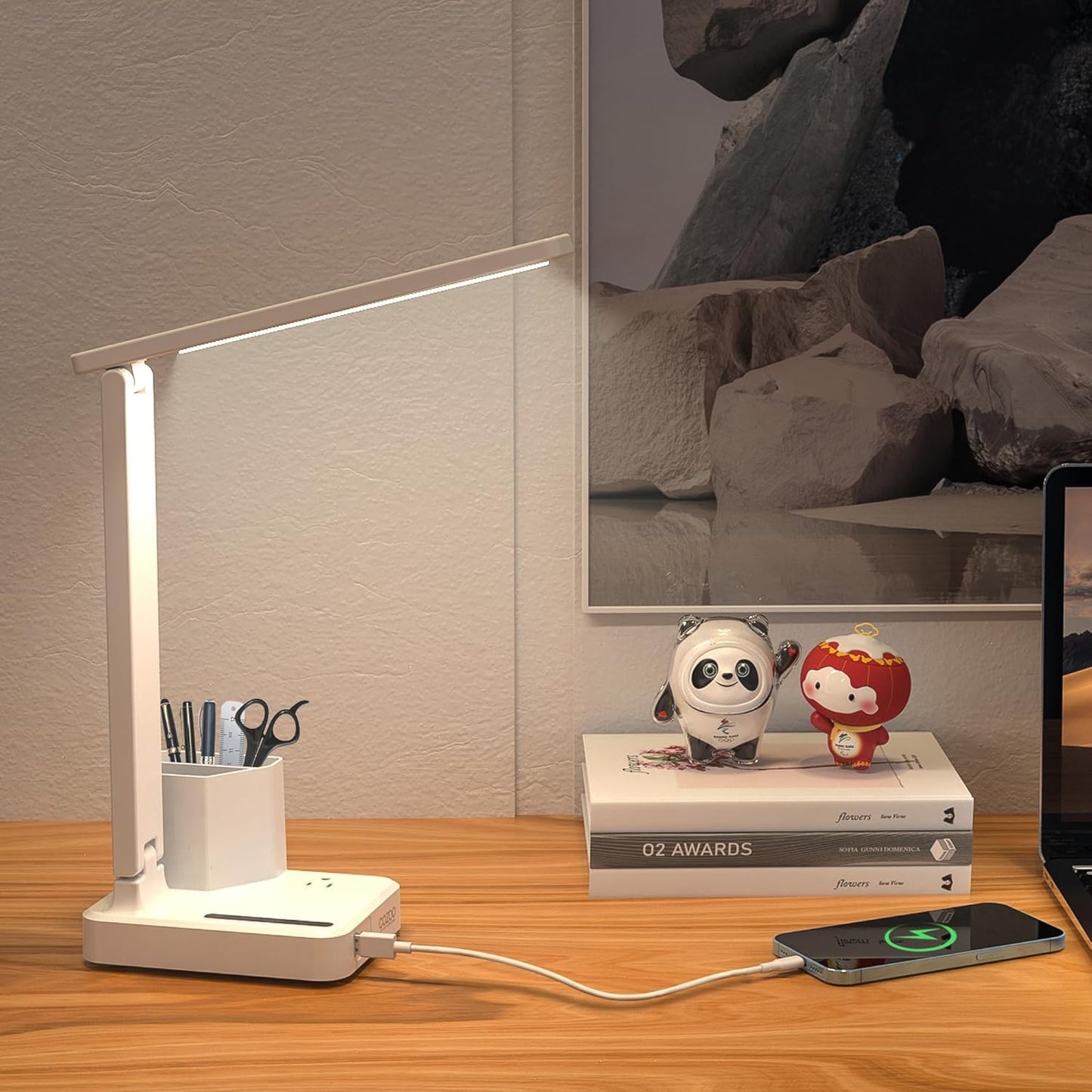 COZOO LED Desk Lamp with 2 USB Charging Ports,Type C Port,1 AC Outlet,2 Pen Holders,3 Color Temperature 3 Brightness Level,Touch/Memory/Timer,10W Eye Protection Foldable Reading Light,Study Lamp-White