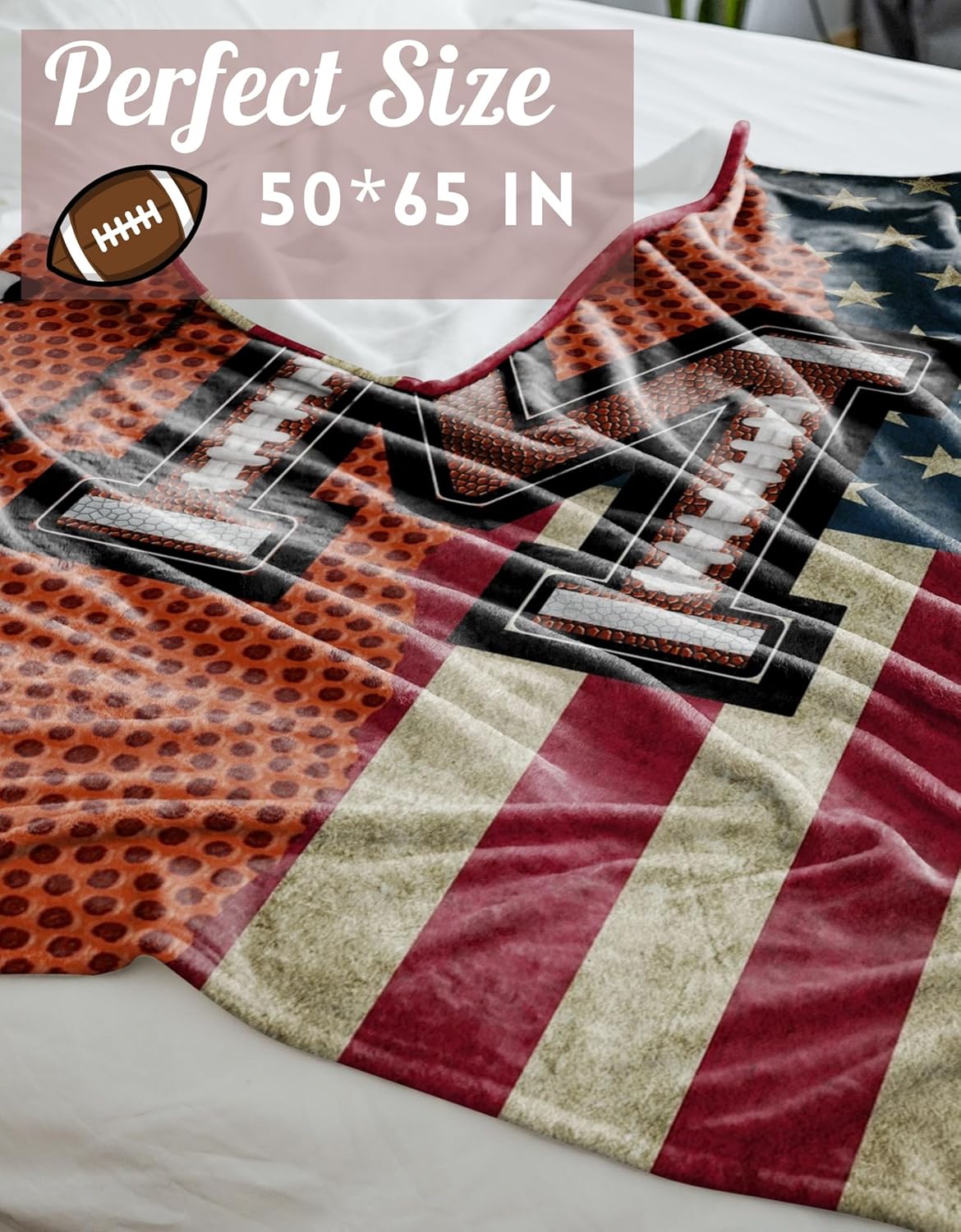 Football Blanket for Boys, Teen, Coaches, Personalized Blanket with Initials, Flannel Throw Blanket for Birthday, Christmas, 50x65 Inches, D