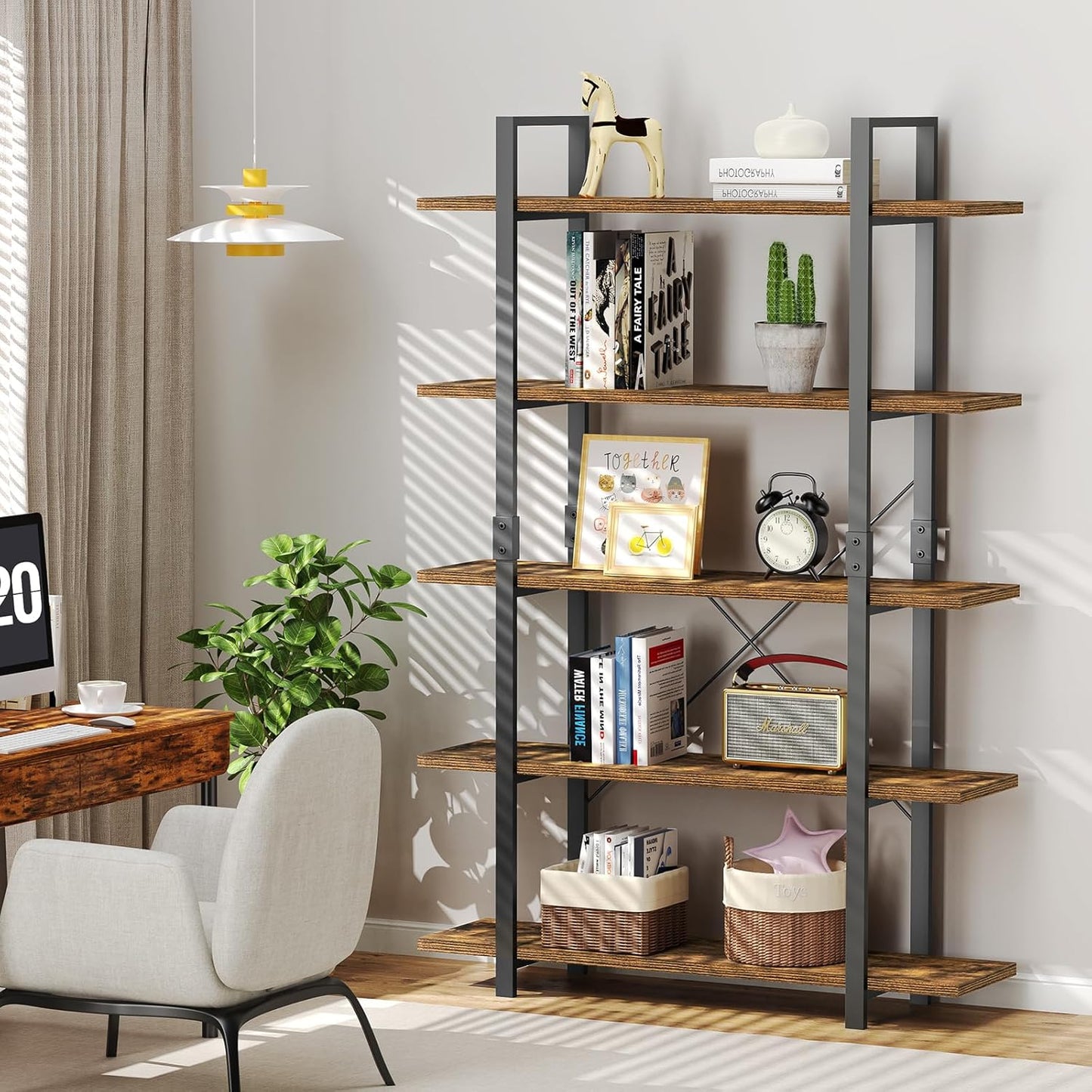 FRAPOW 5 Tier Bookshelf, 70 inch Tall Solid Bookcase Industrial Wooden Bookshelves Large Wall Etagere Rustic Vintage Book Shelf with Metal Frame Open Storage Rack for Living Room Home Office