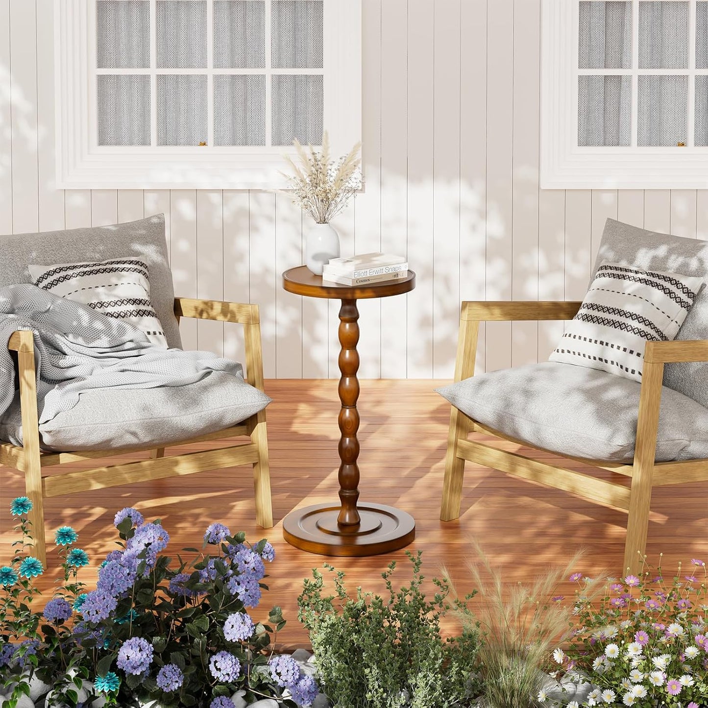 Simple Trending Small Side Table, Round Drink Table for Small Spaces, Pedestal Coffee Table for Living Room, Rustic Brown