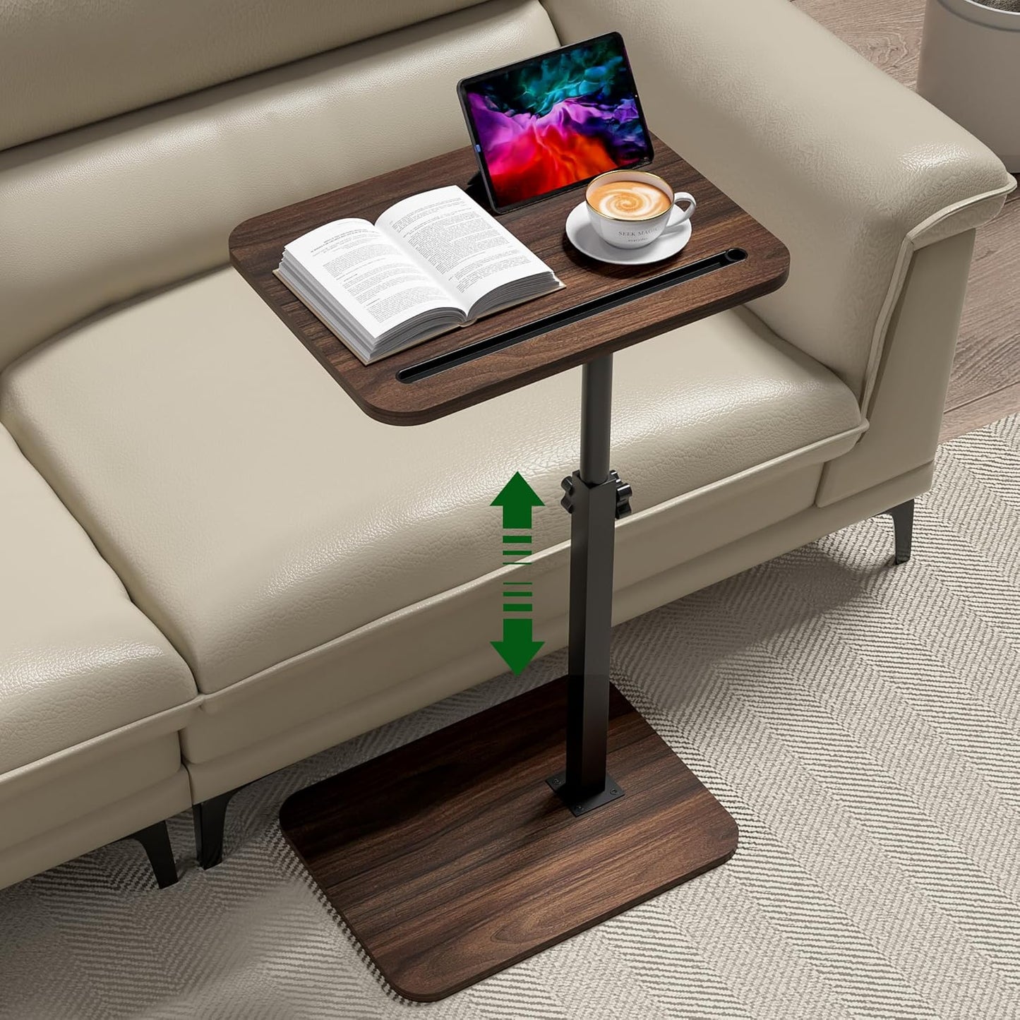 Side Table Sofa Tray for Couch - 360° Swivel Adjustable Height Rotating Sofa Table C Table End Table Laptop Desk with Phone & Tablet Slot, Perfect for Eating Working Reading, Fits Small Spaces