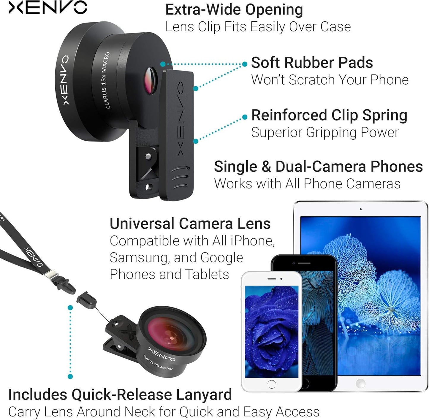 Pro Lens Kit for iPhone and Android, Macro and Wide Angle Lens with LED Light and Travel Case Black