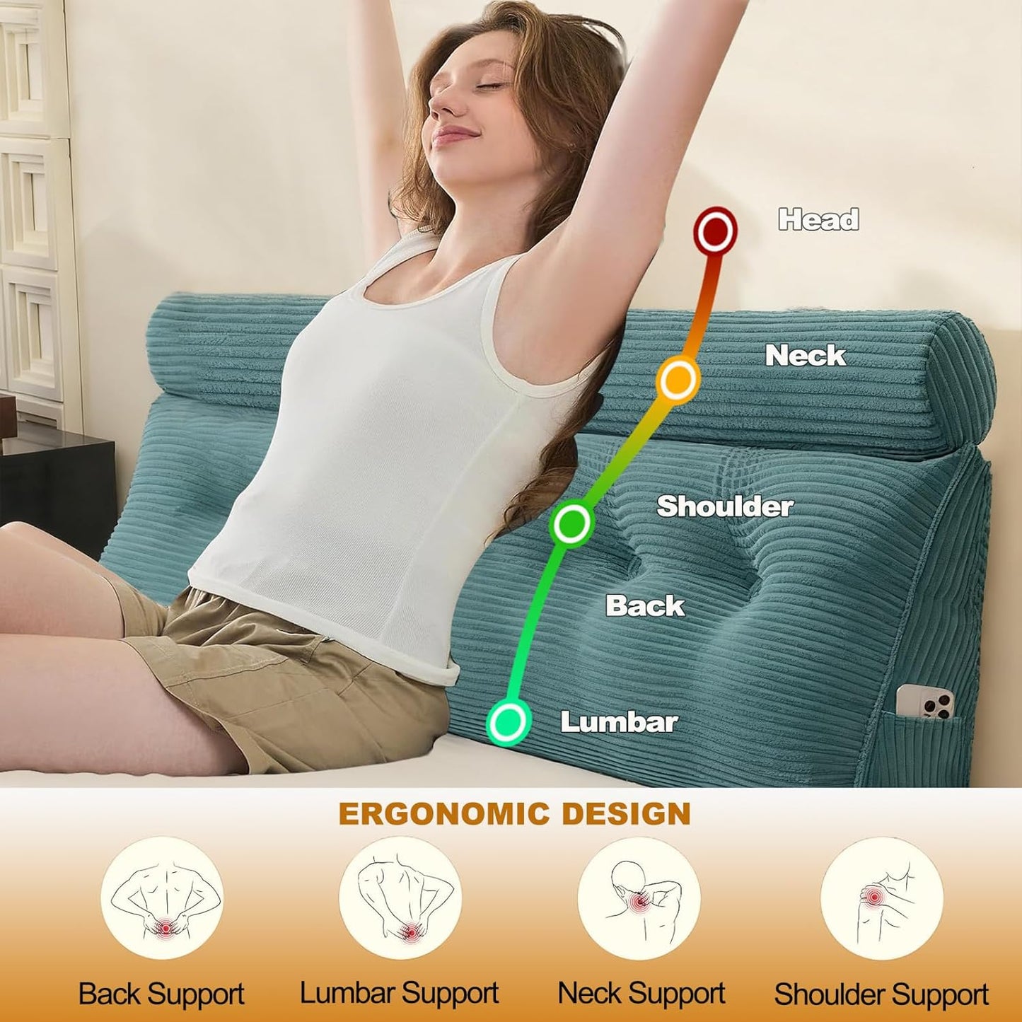 Headboard Pillow Queen, Large Triangular Wedge Cushion with Neck Roll Pillow for Reading Sitting Working, Backrest Positioning Support Bodypillow with Removable Washable Cover for Bed Dorm Sofa
