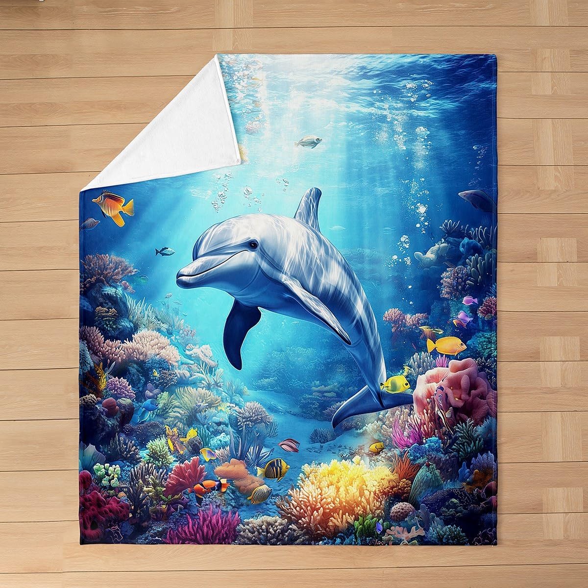 Castle Fairy 3D Dolphin Flannel Blanket,Ocean Coral Fish Blankets for Kids Boys Girls Teens Room Decor,Tropical Sealife Animals Fleece Blanket Underwater World Sherpa Blanket,for Chair/Sofa,90"×90"