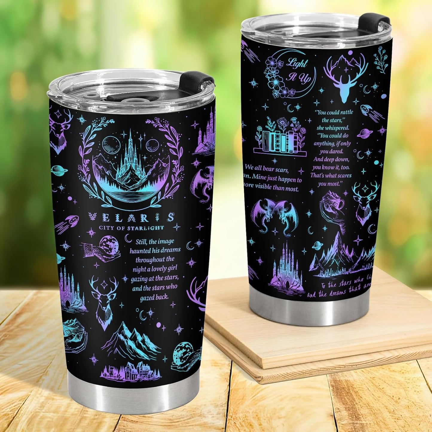 34HD Galaxy City of Starlight Tumbler 20oz Stainless Steel Insulated - Fantasy Book Lover Gift for Readers - Double Wall Vacuum Travel Mug Black Deer Castle