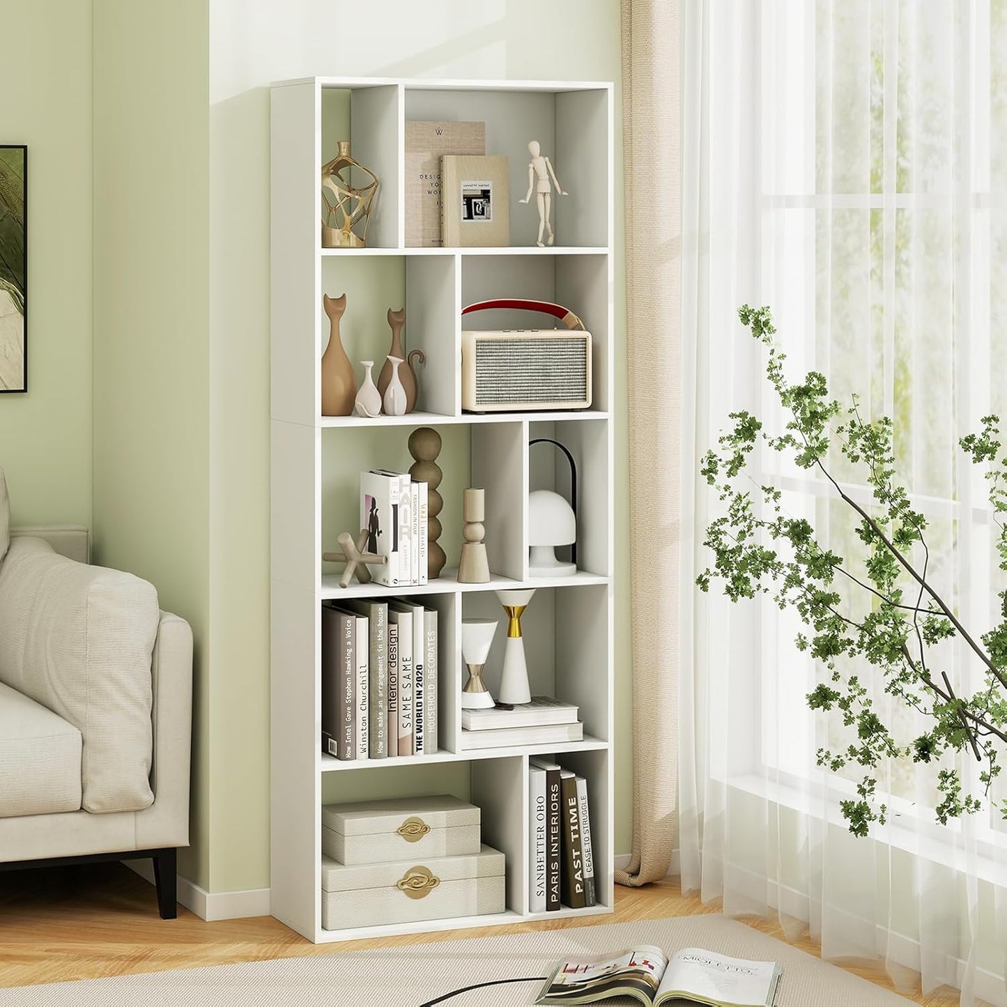 GOFLAME 5-Tier Geometric Bookcase, 63” Tall Freestanding Bookshelf with 10 Open Cubbies, Anti-Toppling Kits, Modern Cube Storage Organizer for Living Room, Bedroom, Home Office, White