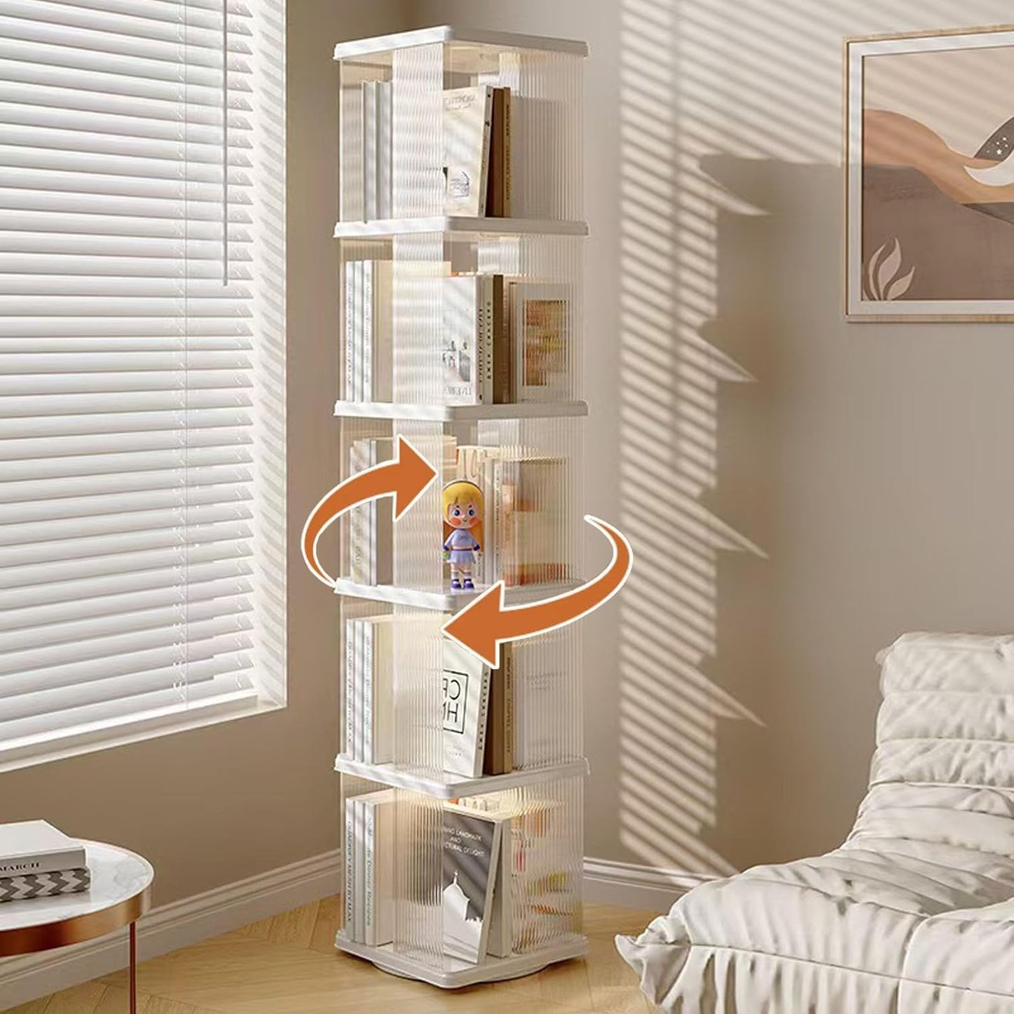 5 Tier Rotating Bookshelf Tower, 360° Rotating Bookshelf, Space Saving Rotating Bookshelves, Revolving Bookcase Suitable for Bedrooms, Living Rooms, Studies and Offices, White, Lazy Susan