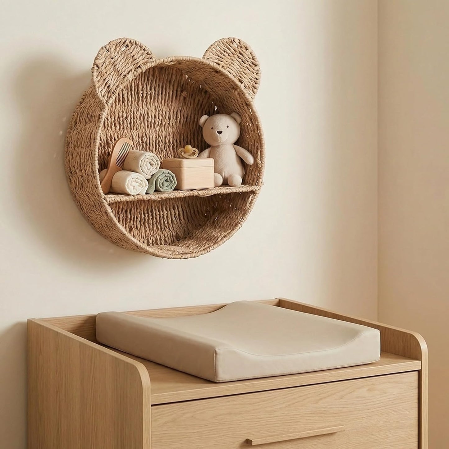 Bear Nursery Decor Wall Shelf, Handwoven Wicker Nursery Shelves for Wall, Wall Mounted Nursery Bookshelf for Small Books, Toys & Decor