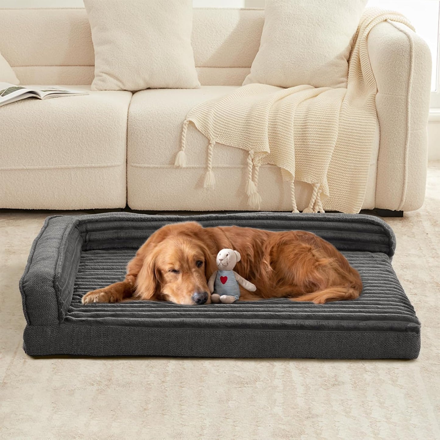 WINDRACING Orthopedic Dog Beds for Large Dogs, XLarge Waterproof Dog Bed with L Bolster Sides, Washable Big Pet Bed with Removable Cover & Non-Slip Bottom, 40 x 28 inch, Gray