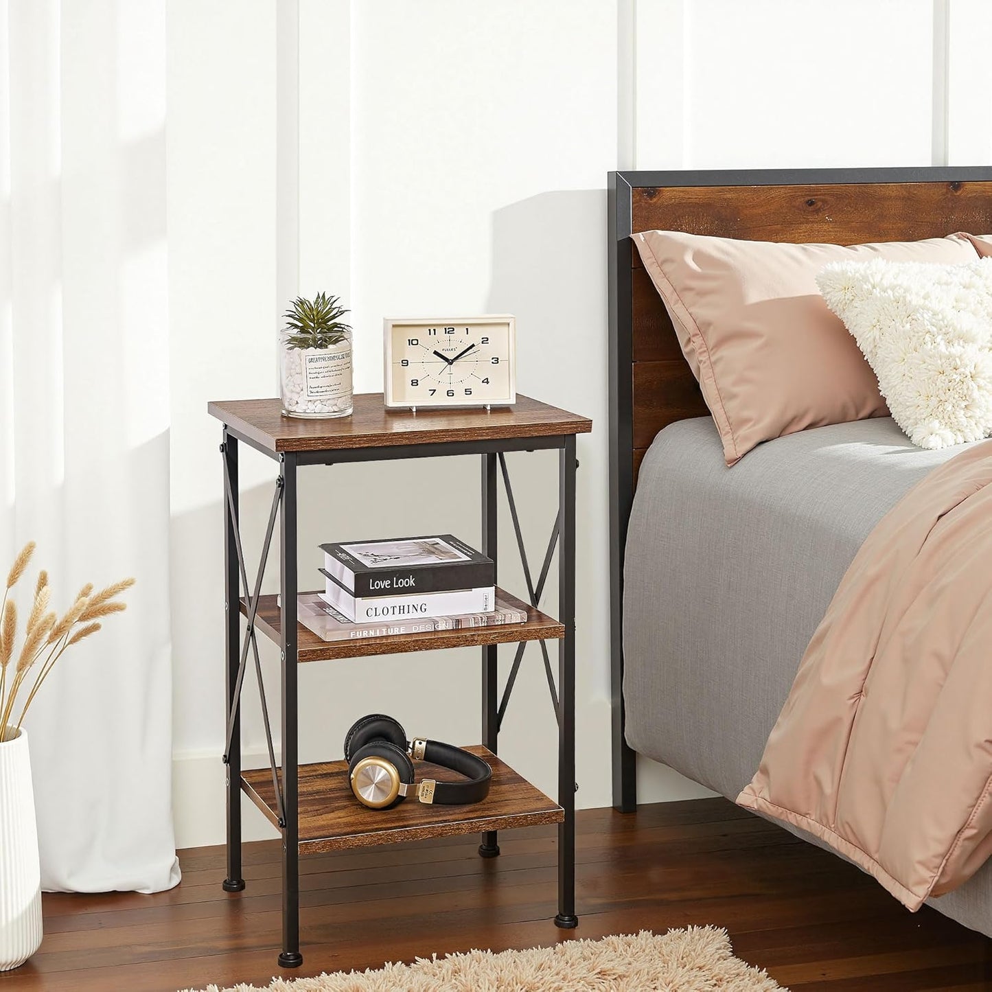 VECELO Versatile Side/End Table with Storage Shelf Nightstands for Living Room,Bedroom Furniture (Set of 2), Shelves, Retro Brown