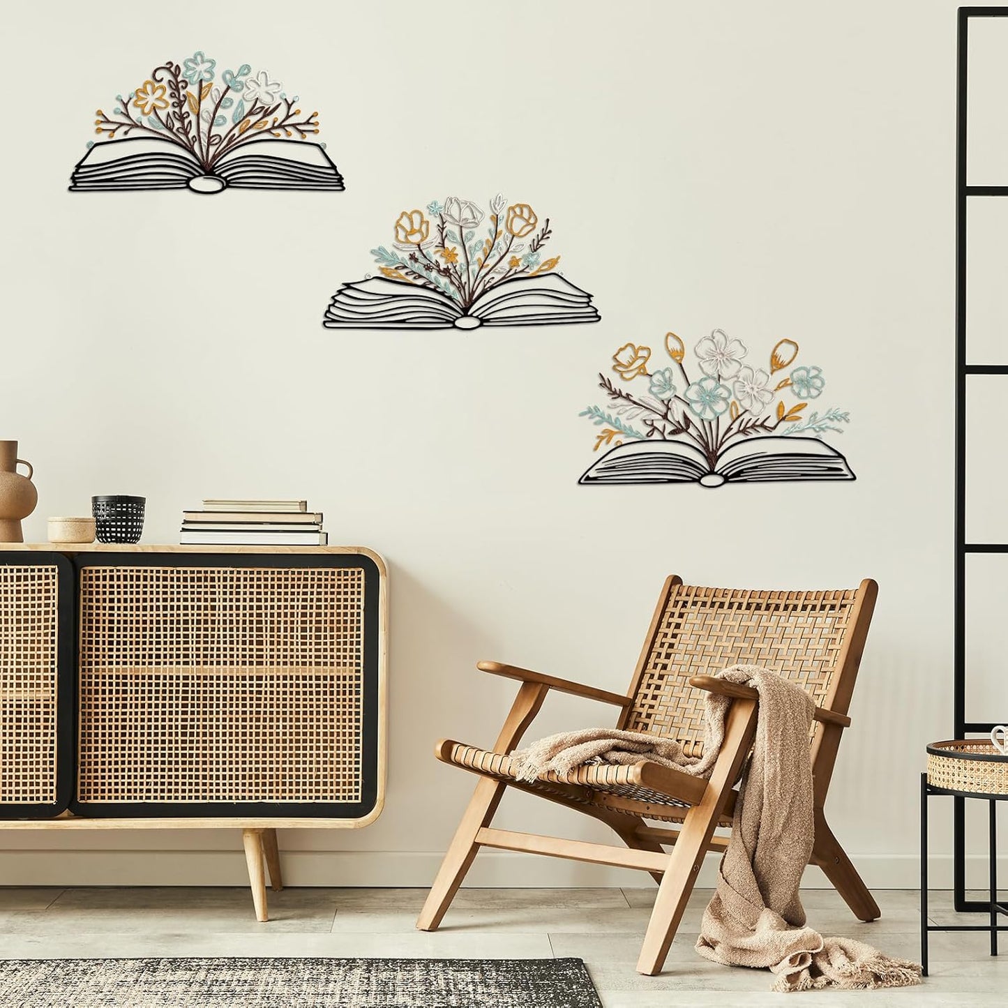 Honeydak 3 Pcs Reading Flower Book Wall Art Metal Library Wall Decor Sign Book Lovers Teacher Gift Silhouette Hanging Sculptures for Home Reading Room Office (Rustic Color,Elegant Style)
