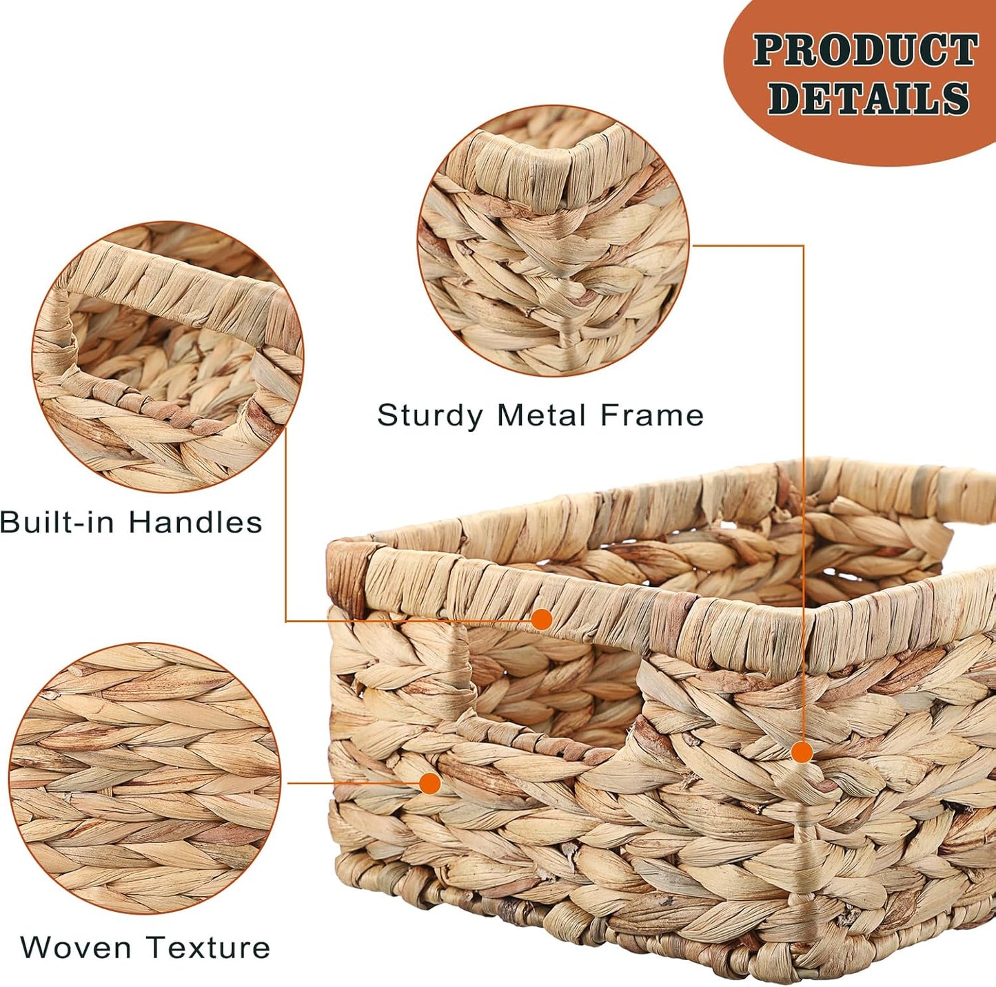 Hipiwe Water Hyacinth Storage Basket Bin Handwoven Decorative Basket Wicker Basket Box with Handles Small Open Home Storage Bins Containers for Shelf Pantry Organizing,12”x9"