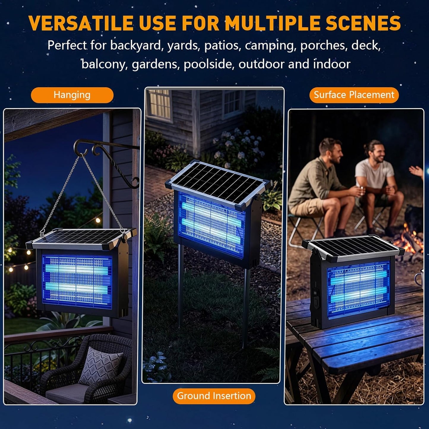 Solar Bug Zapper Outdoor, 4500V Solar Mosquito Zapper for Outdoor & Indoor, 1/2 Acre Coverage Cordless Rechargeable Electric Fly Zapper, IP66 Waterproof Mosquito Traps for Backyard, Patio, Camping