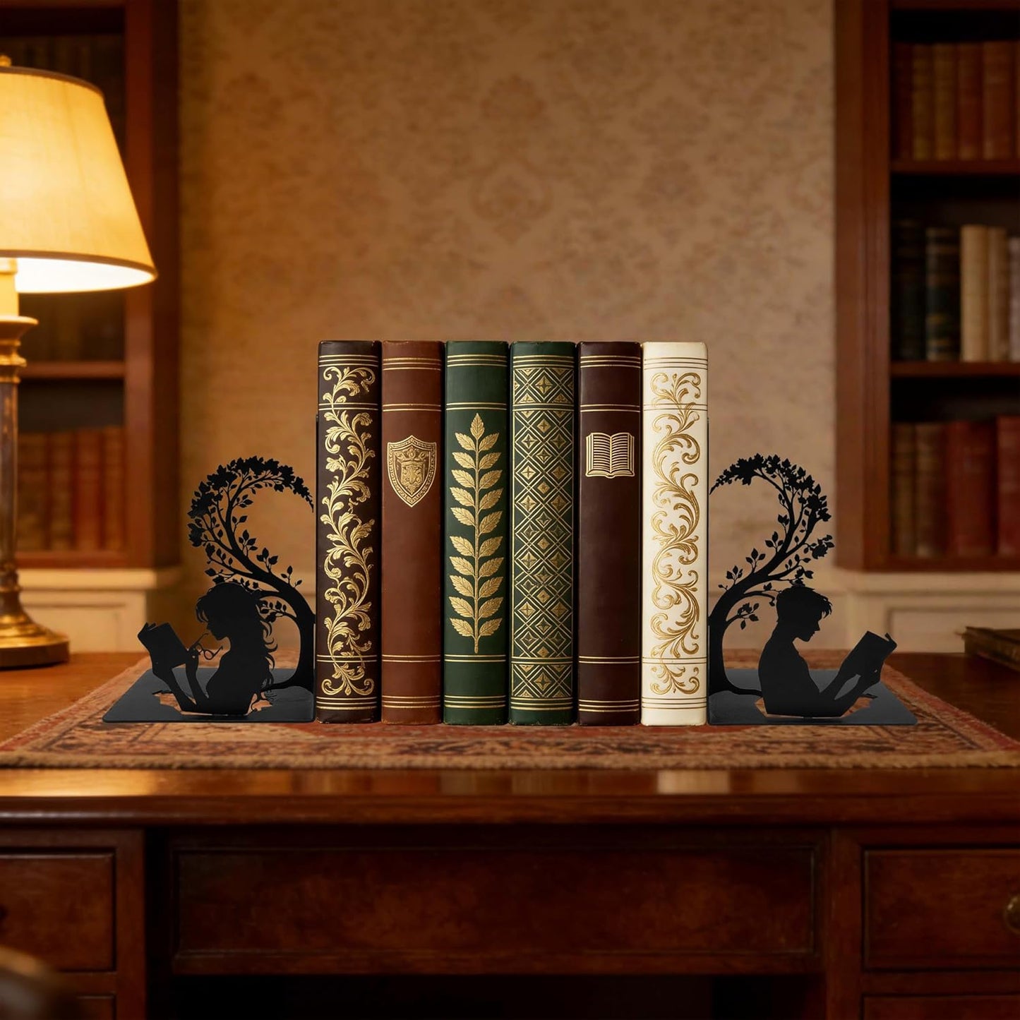 Matte Black Iron Decorative Bookends for Shelves, Couple Reading Tree Design Book Ends Decorative, Book Ends for Heavy Books, Unique Bookends for Home Office Shelves, 7.9 x 1.2 x 5.9 Inches