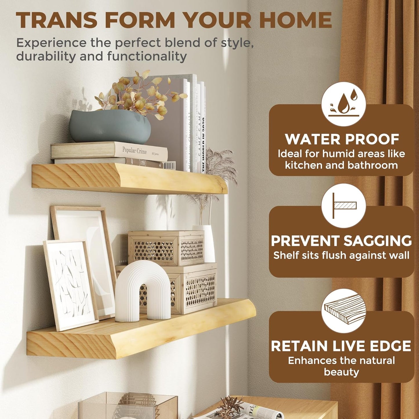 RICHFOCUS Live Edge Wood Floating Shelves for Wall 48" Natural Solid Wood Wall Mounted Shelf|8 Inch Deep Wooden Floating Shelves with Invisible Bracket for Bathroom Kitchen Room|1Pcs, Natural