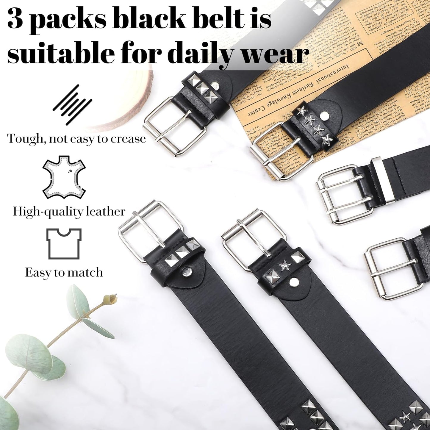 6Pcs Studded Belt Set for Men & Women - Punk Gothic Rivet Faux Leather Belts with Double Grommet, Square Studs, Small & Large Star Designs Adjustable Waist Belt for Jeans Costume Party Gift