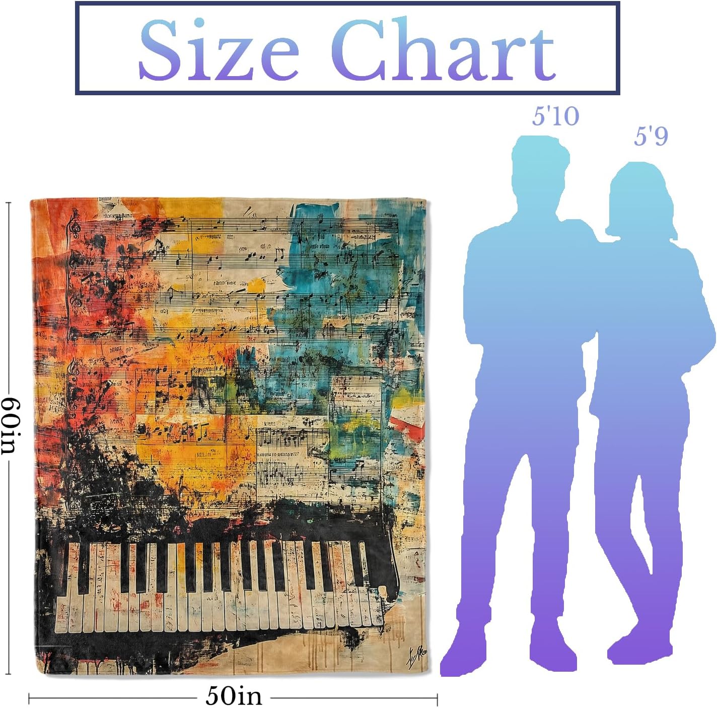 Abstract Piano Flannel Throw Blanket 50x60 Inch, Colorful Sheet Music and Keyboard Art Design Blankets Soft Cozy Fleece Throws for Musical Lover Bed Sofa Dorm Living Room Decor Gifts