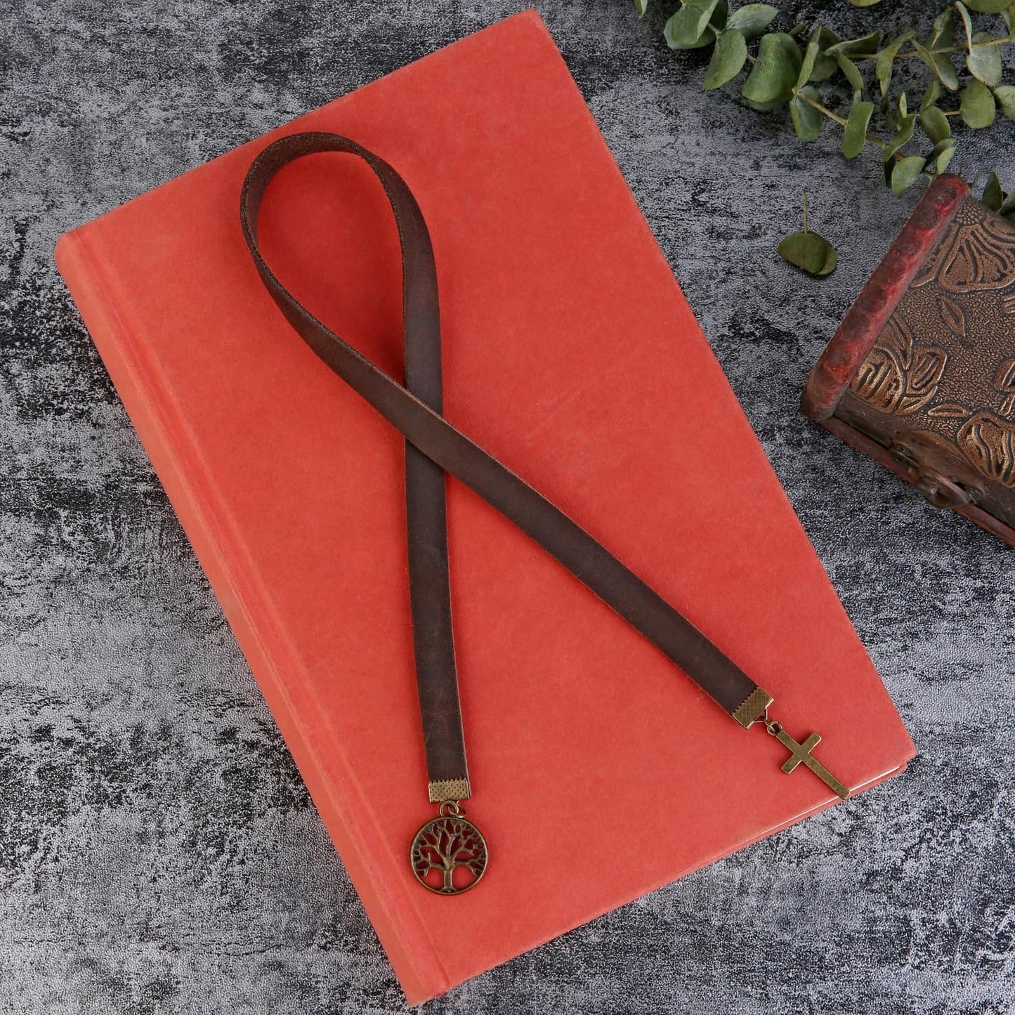 Donxote Handmade Long Leather Straps Bookmark, Tree of Life Bible Bookmarks with Retro Cross, Christian Saint Book Mark, Ideal Catholic Gift (Style 12)