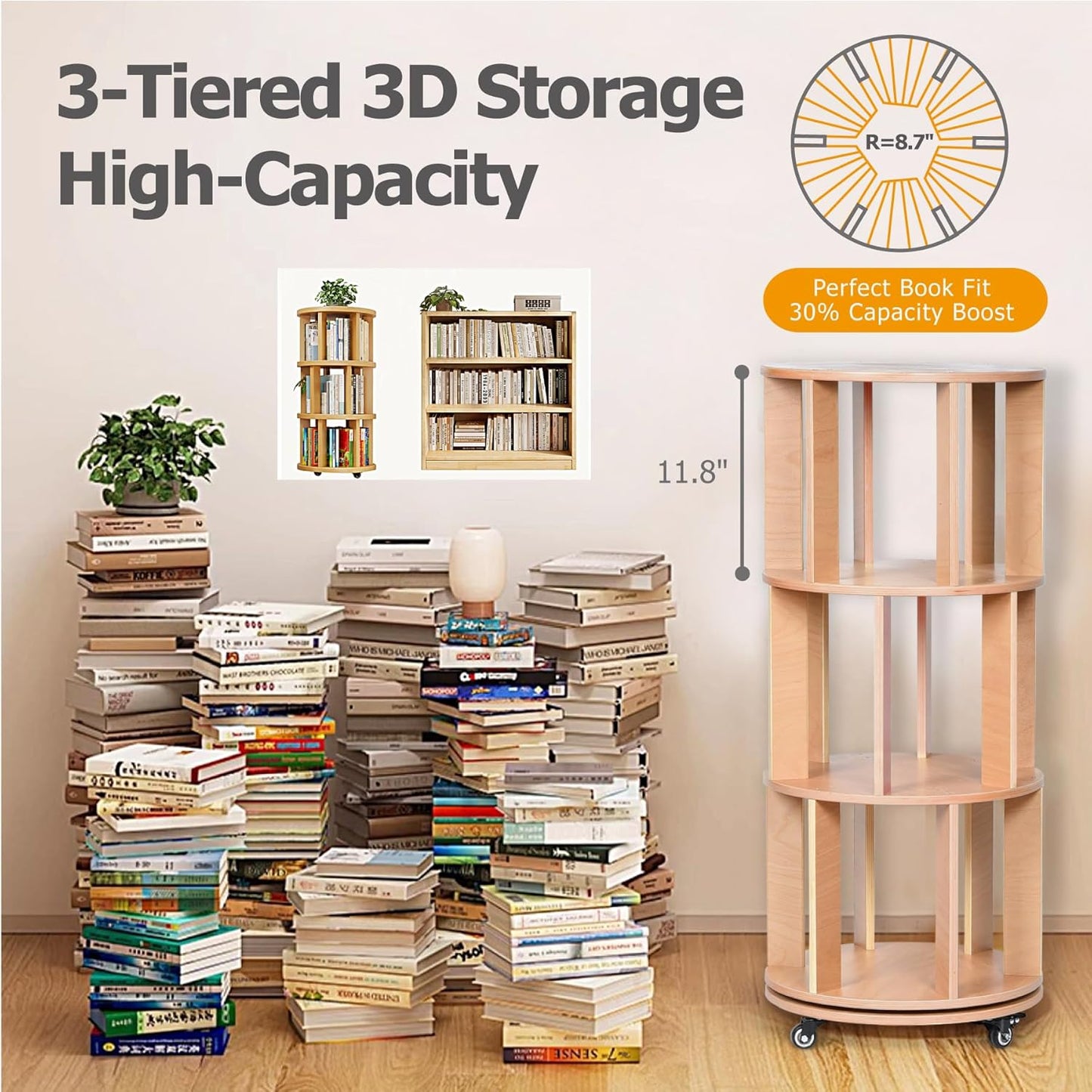 3-Tier Kids Rotating Bookshelf Tower with Lockable Wheels, 360 Display Montessori Storage Rack for Small Spaces, Kids Rooms, and Home Offices