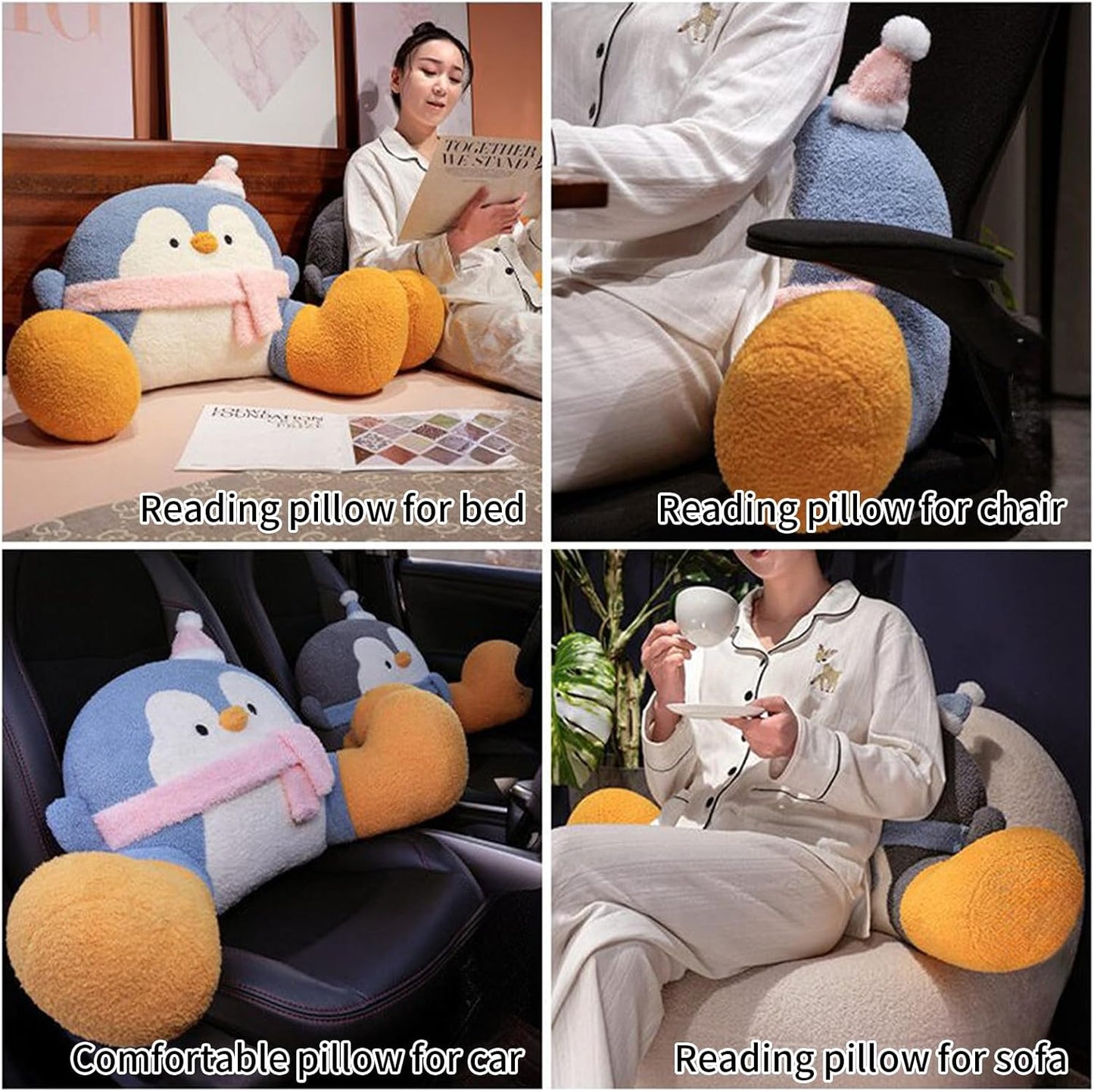 Reading Pillow for Bed,Backrest Pillow for Sitting in Bed,Back Support Cushion,Penguin Reading Pillow for Sofa (Gray, L: 31 * 17inches)