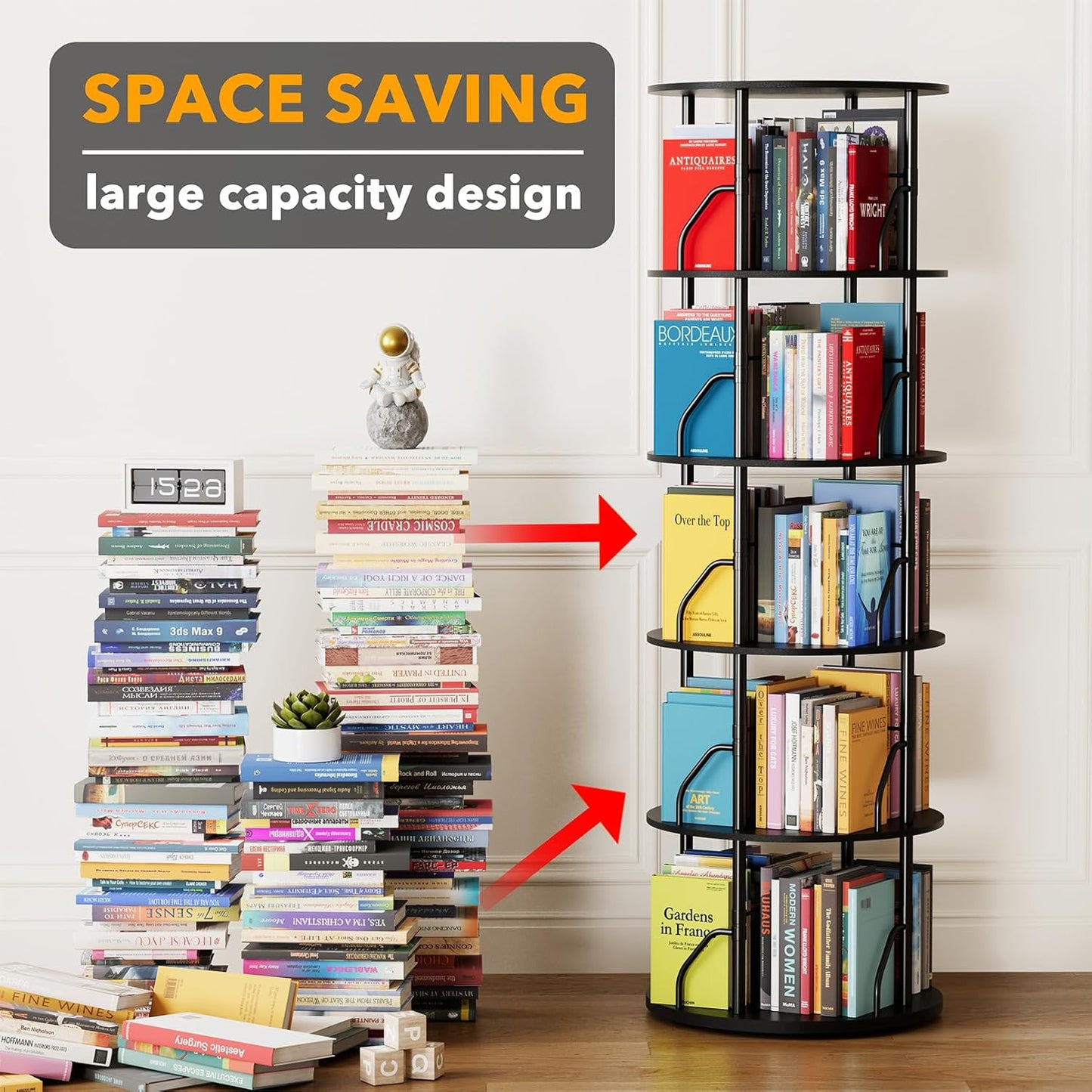 SpaceAid 5 Tier Rotating Bookshelf Tower, 360 Display Stackable Spinning Bookcase, Space Saving Revolving Round Book Shelf, Floor Standing Swivel Corner Organizer, Black