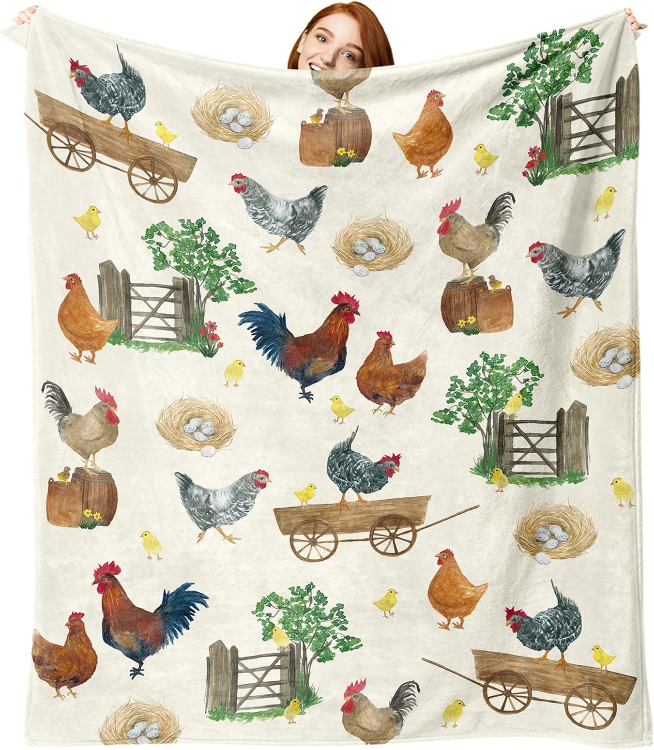 Farm Animal Chicken Flannel Throw Blanket, Cute Birthday for Kids Boys Girls Men Women, Farmhouse Rooster Hen Chicks Eggs Botanical Soft Blankets for Bedding Sofa 50 x 60 Inches