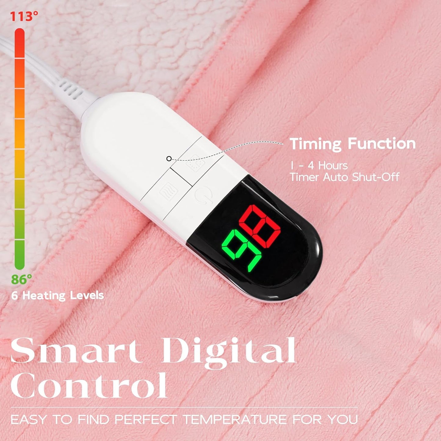 Electric Blanket Twin 62"84" - Premium Cosy Soft Electric Blanket with 6 Heating Levels, Fast Heating Flannel Sherpa Blanket for Bed & Couch - Auto Shut Off/Machine Washable Blanket (Pink)