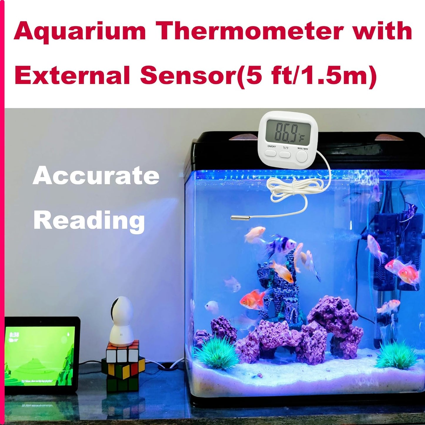 Small Digital Thermometer ON/Off Switch Indoor/Outdoor Meter Gauge with 3ft/1M Probe Sensor