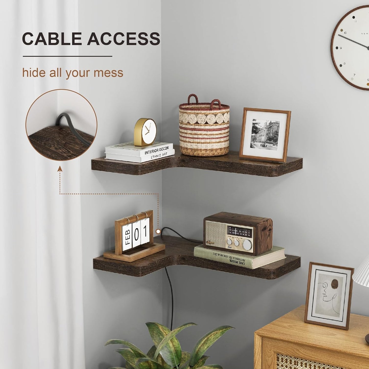 fuqing Floating Corner Shelves, Wall Shelf Set of 3, Shelves for Wall Storage, Solid Wood Shelves for Storage, Wall Mount Wooden Display Shelf for Bathroom Bedroom Kitchen Garage, Rustic Brown