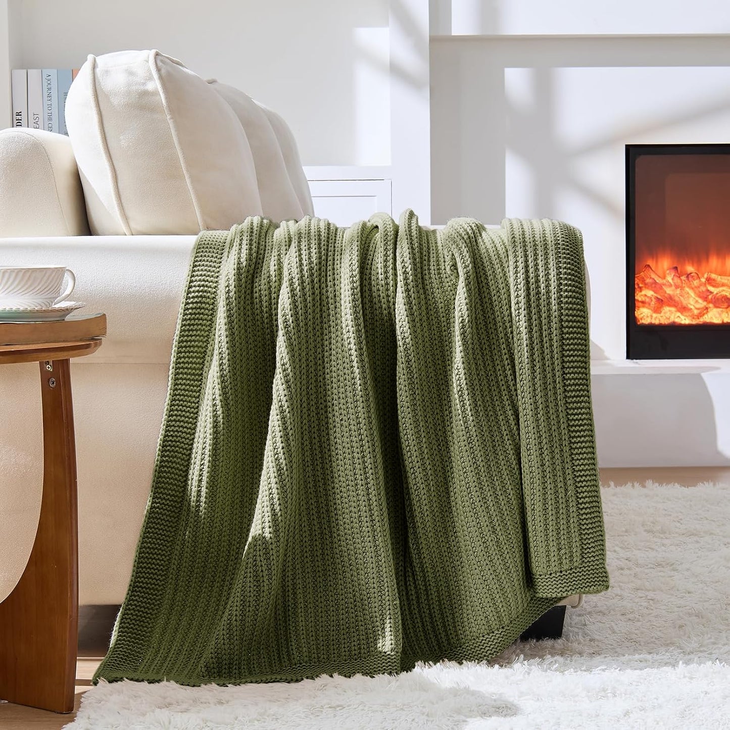 Chunky Knit Olive Green Throw Blanket 60"x80",Soft Cozy Thick Knitted Blanket for Couch Sofa Bed, Cute Decorative Throw for Living Room