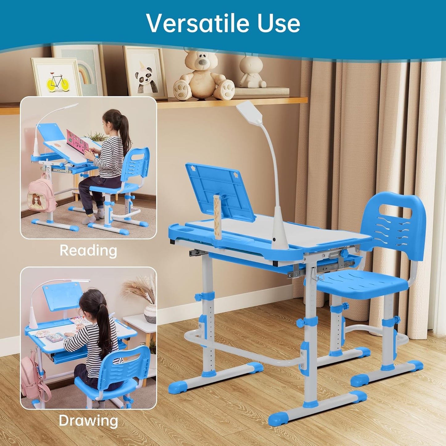 Kids Desk and Chair Set, Height Adjustable Child's School Study Writing Tables with Tilt Desktop, LED Light, Storage Drawer, Book Stand (Blue)
