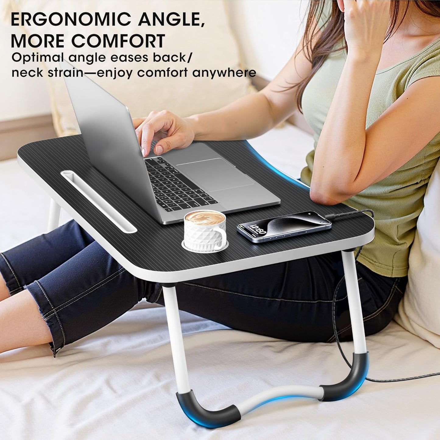 Folding Lap Desk, 23.6 Inch Wood Laptop Bed Desk with Cup Holder, Portable Bed Table for Working Writing Reading & Eating for Bed, Sofa, Couch, Floor - Black
